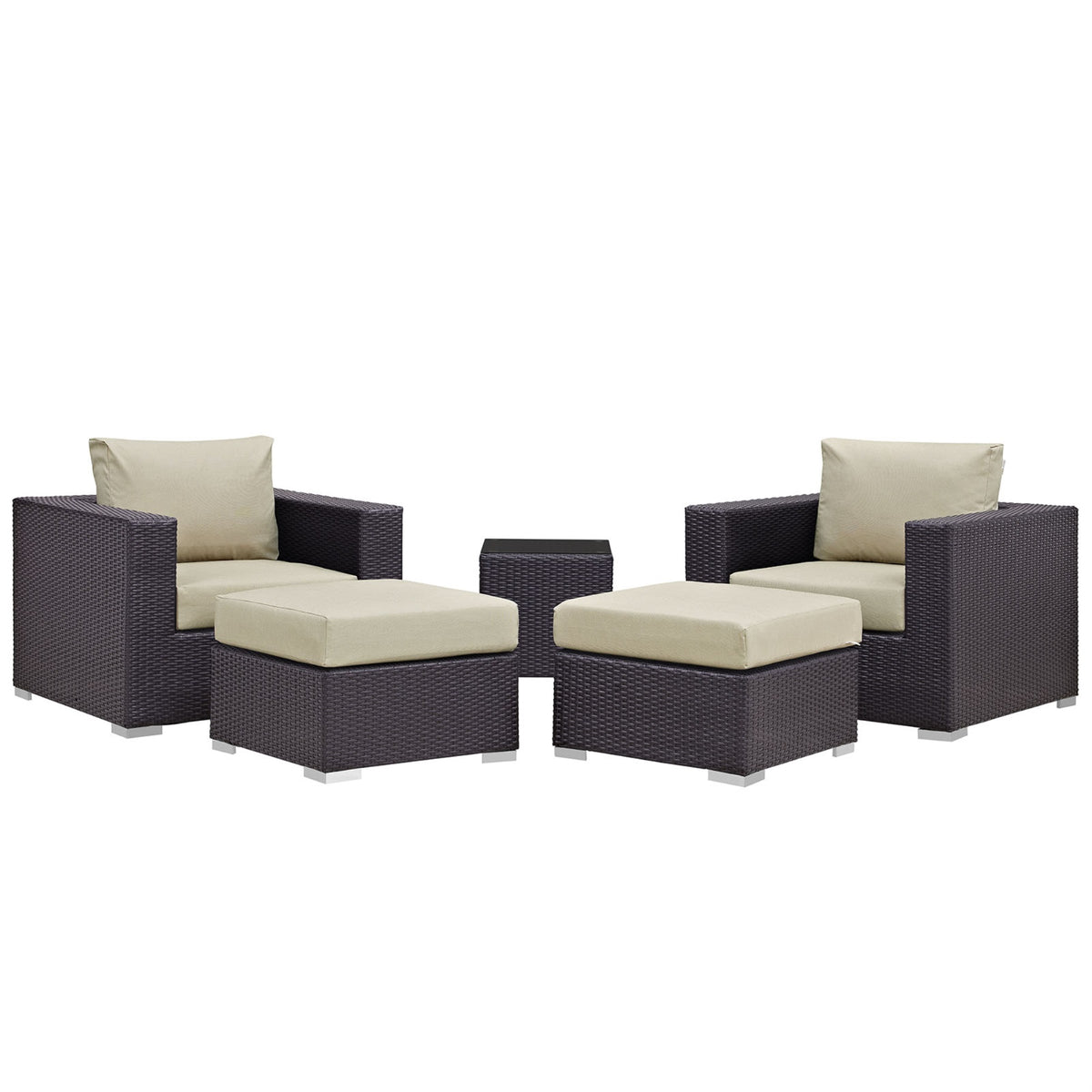 Convene Outdoor Sectional Set - Synthetic Rattan, Aluminum Frame, All-Weather Cushions - Patio Lounge Armchair, Ottoman, Side Table - Espresso Beige