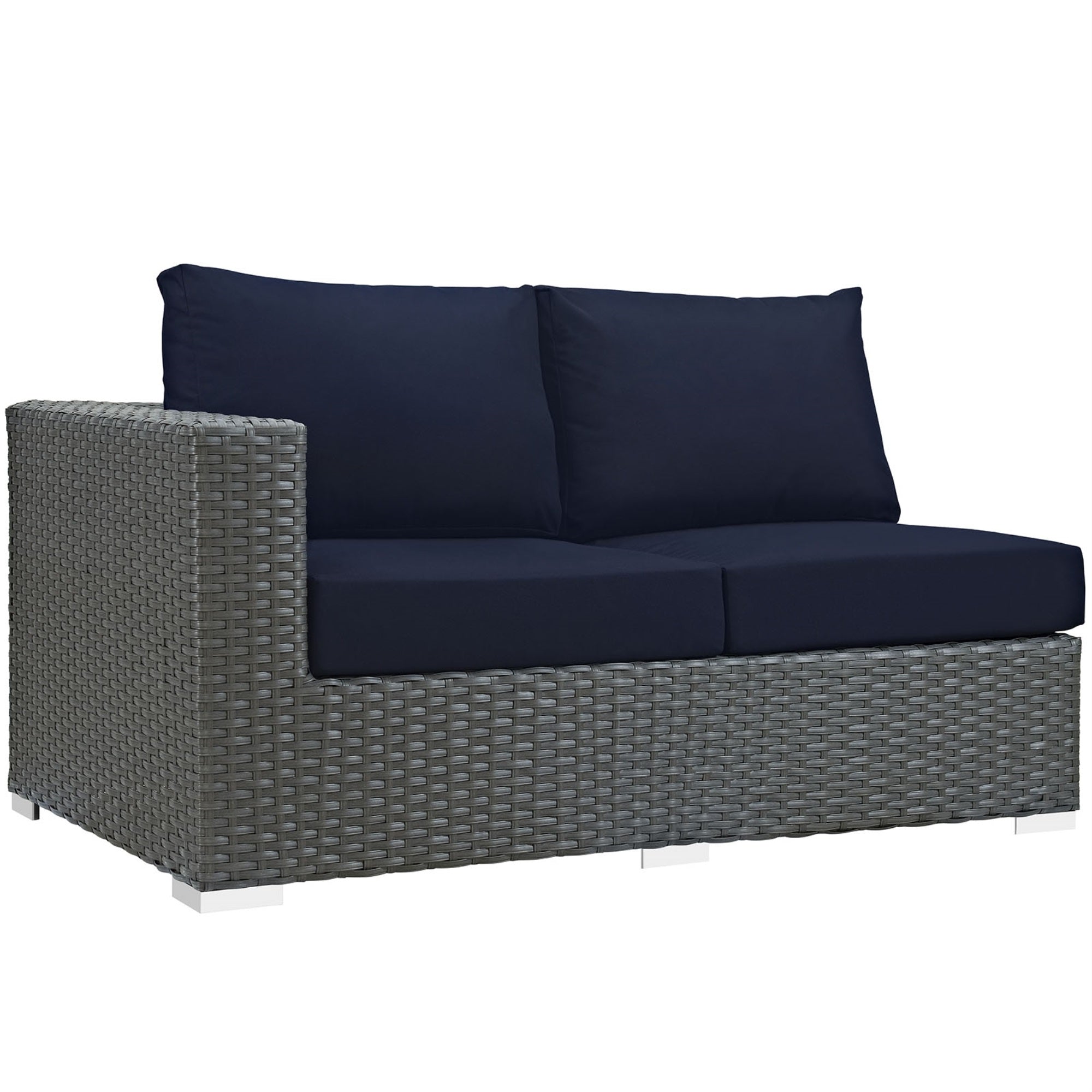 Sojourn Outdoor Patio Left Arm Loveseat - Sunbrella Fabric, Synthetic Rattan, Uv Protection, Aluminum Frame - Ideal For Patio, Backyard, Poolside