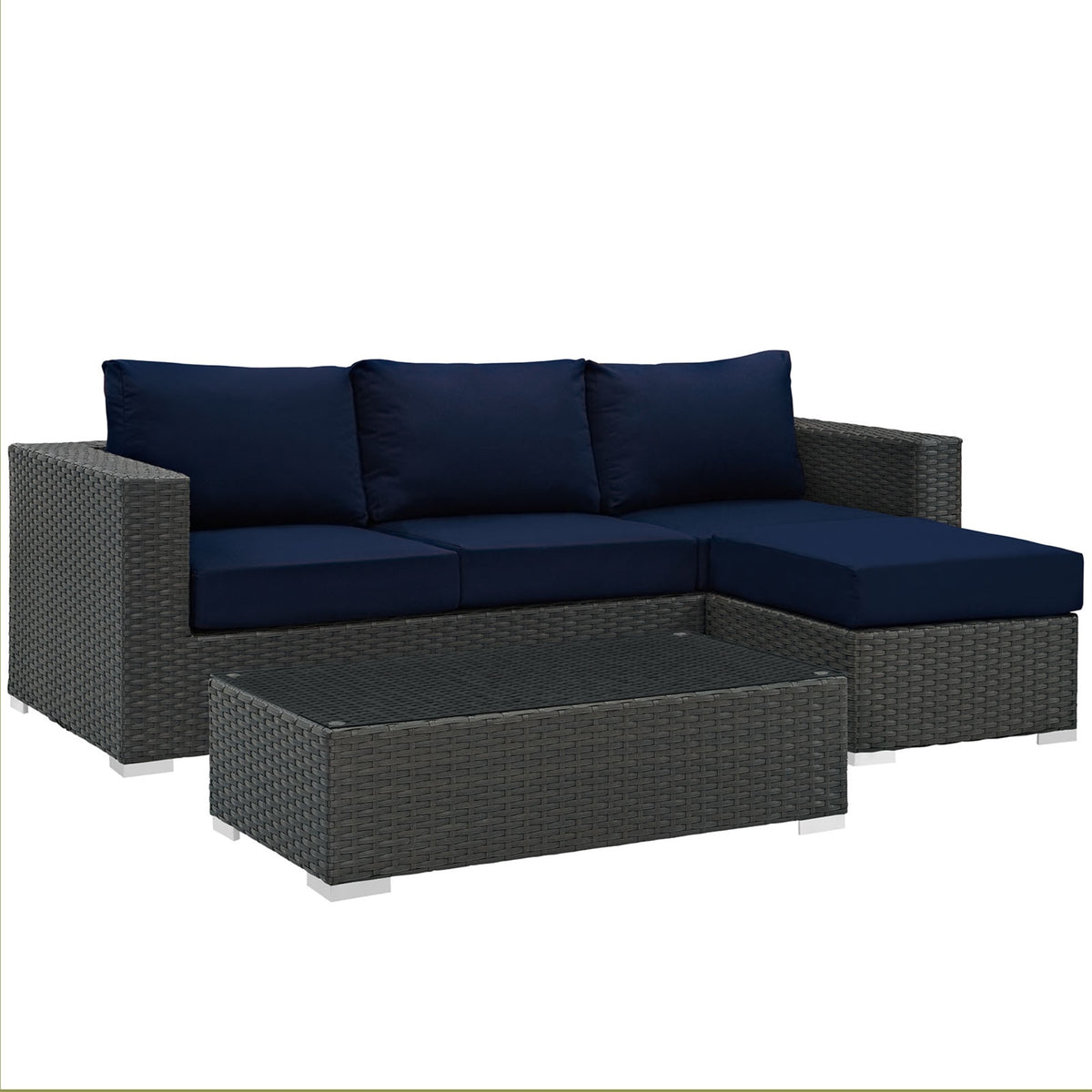 Sojourn Outdoor Patio Furniture Set - Sunbrella Cushions, Synthetic Rattan, Uv Protection, Aluminum Frame - Coffee Table, Ottoman, Sofa