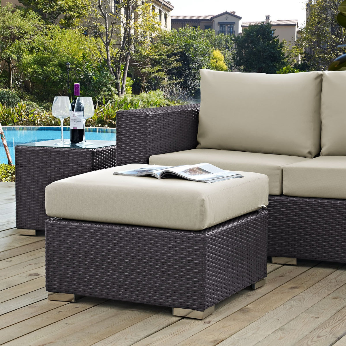 Casafoyer Convene Wicker Rattan Outdoor Patio Square Ottoman In Espresso Beige