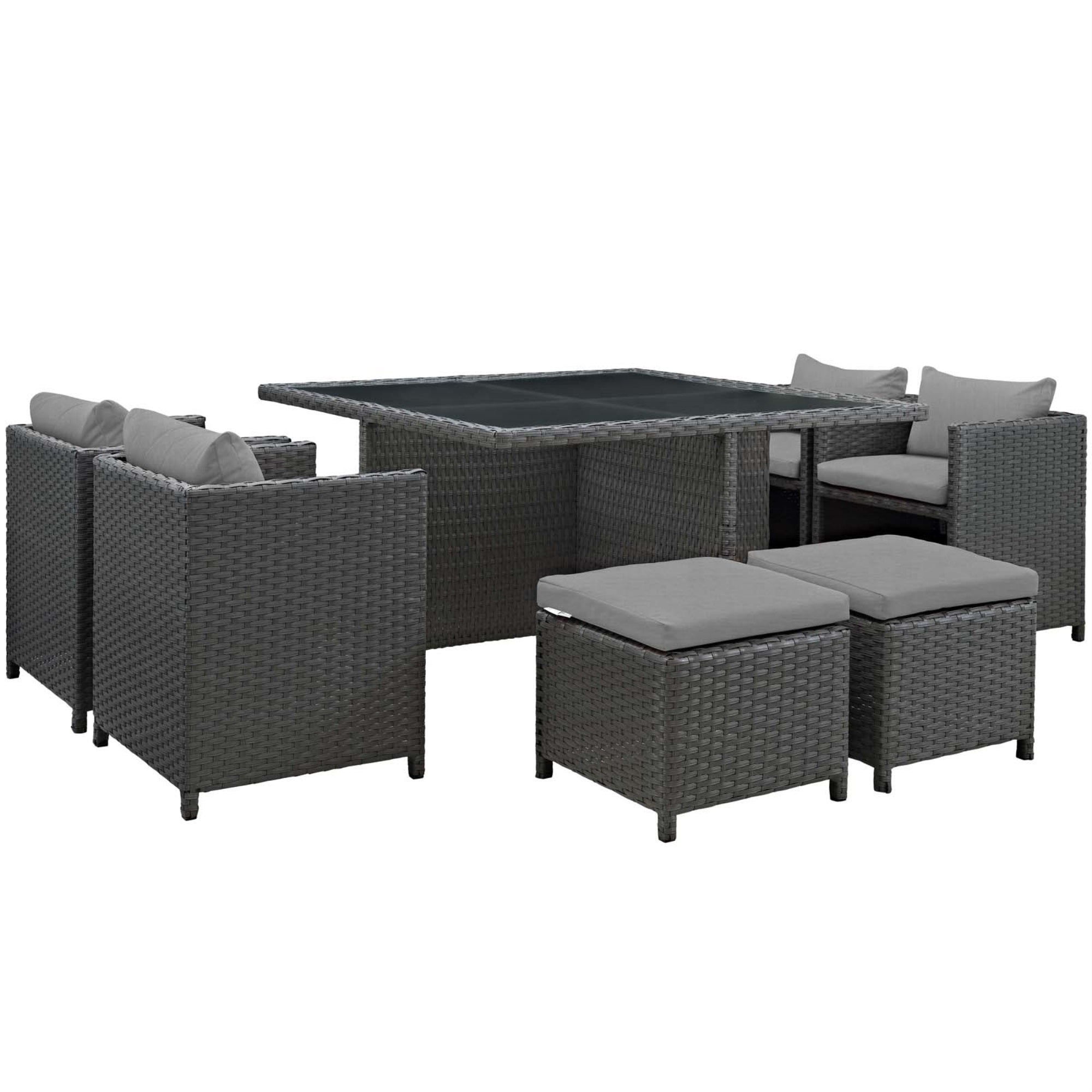Sojourn Outdoor Patio Dining Furniture Set - 9 Piece Sunbrella Dining Set With Wicker Chairs, Stools, And Table