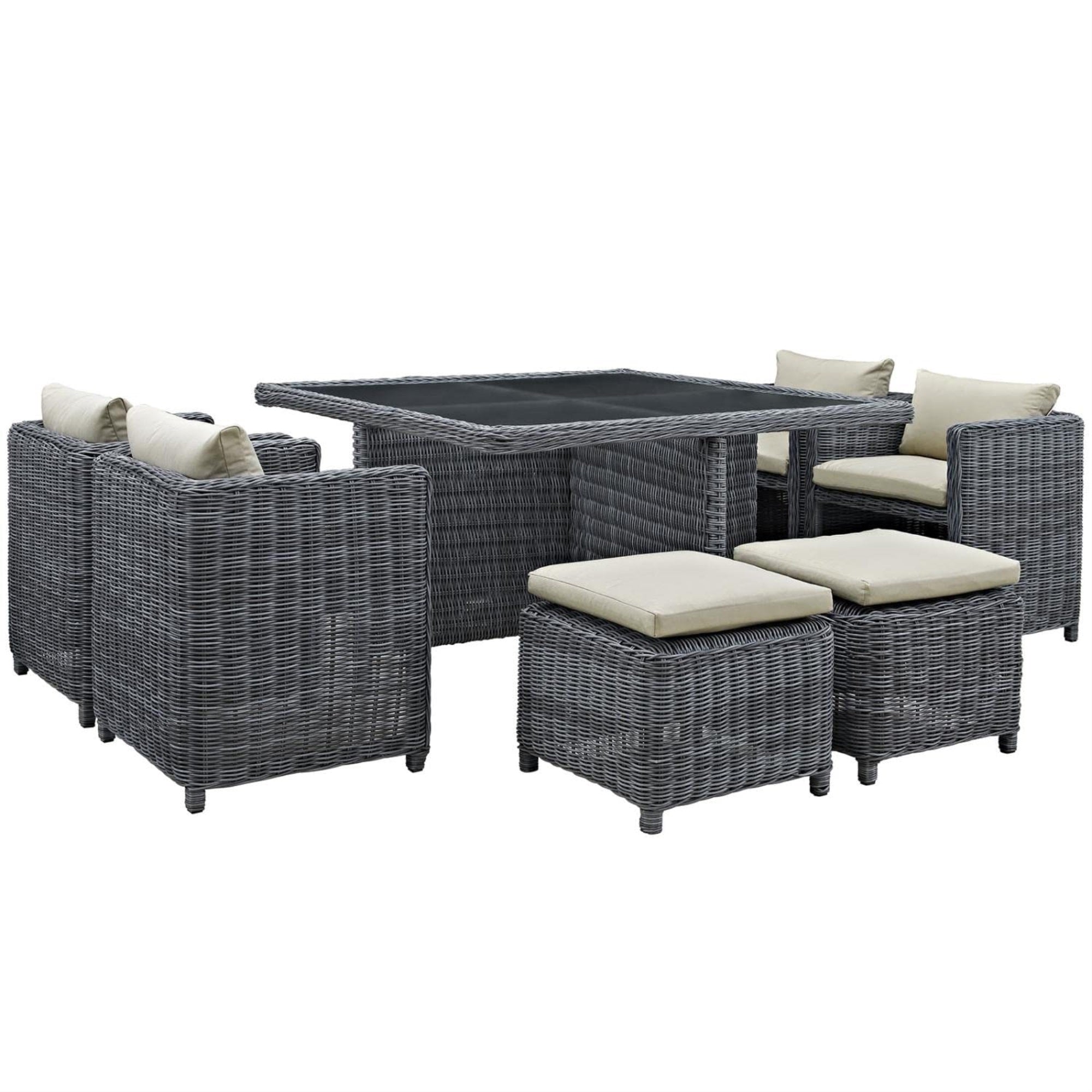 Casafoyer Summon Wicker Rattan Outdoor Patio Sunbrella 9-Pc Dining Set In Antique Canvas Beige