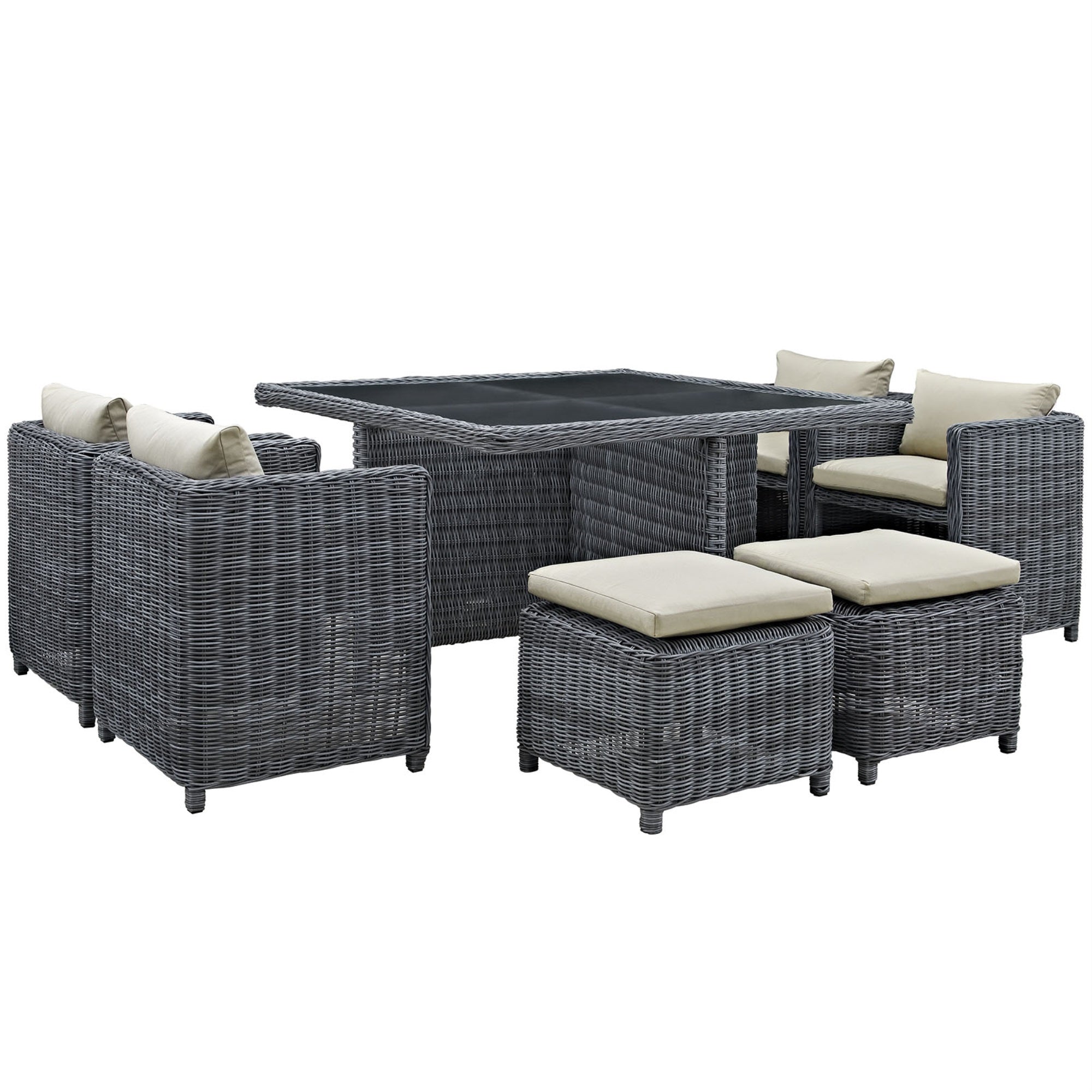 Summon Outdoor Patio Furniture Dining Set - Luxurious 9 Piece Sunbrella Dining Set With Synthetic Rattan Weave, All-Weather Cushions, And Powder-Coated Aluminum Frame