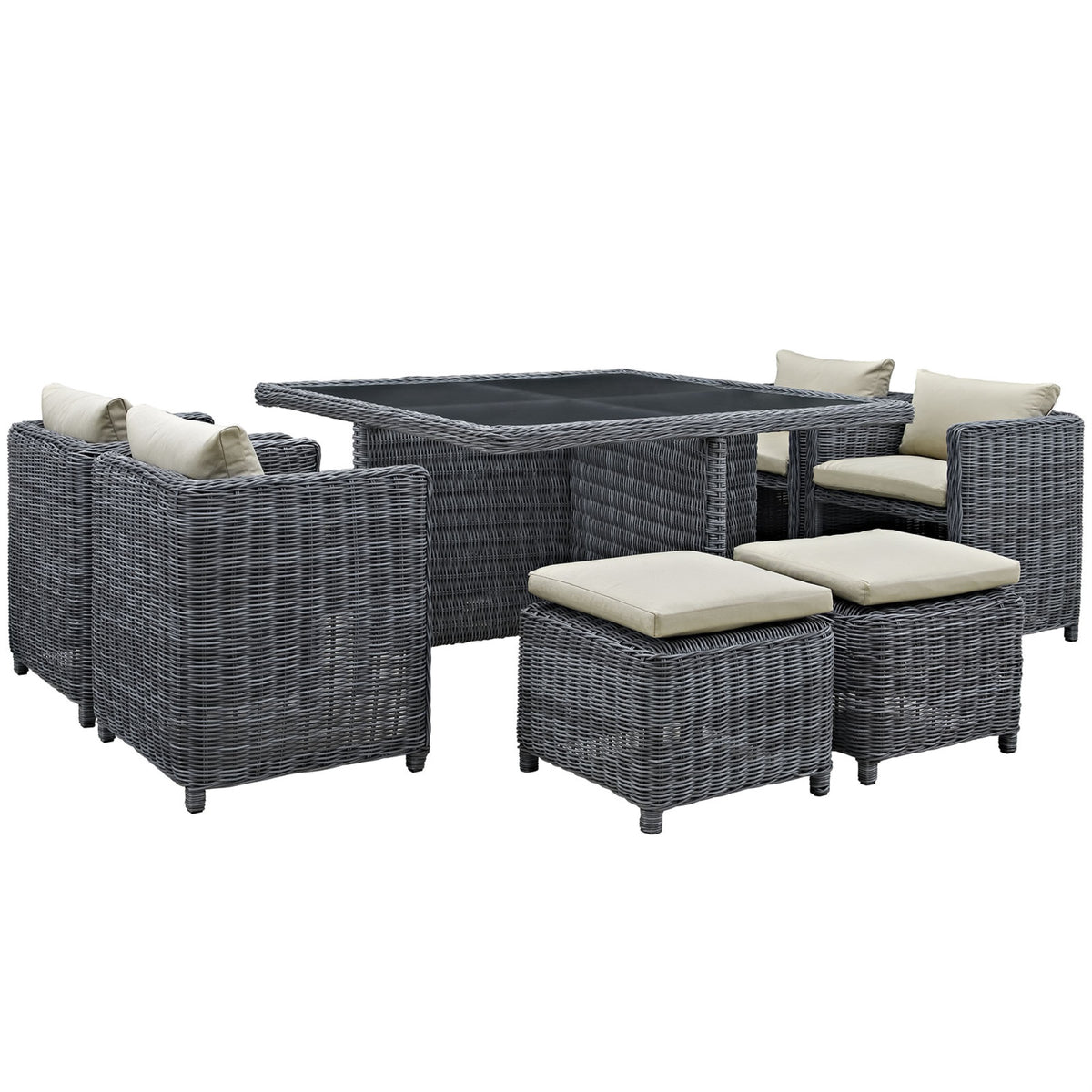 Summon Outdoor Patio Furniture Dining Set - Luxurious 9 Piece Sunbrella Dining Set With Synthetic Rattan Weave, All-Weather Cushions, And Powder-Coated Aluminum Frame