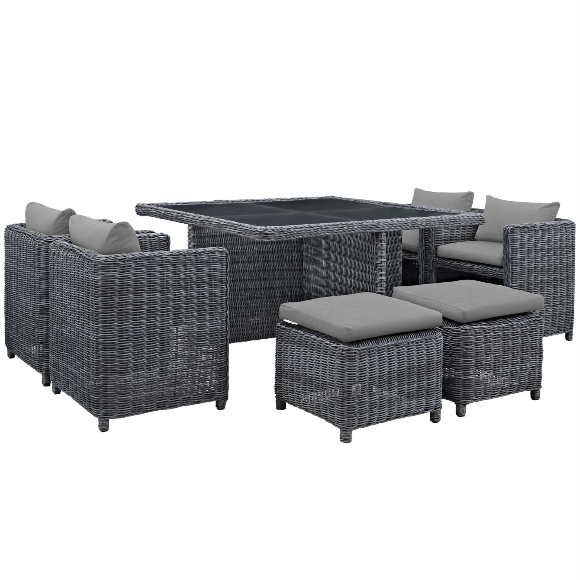 Summon Outdoor Patio Furniture Dining Set - Ultimate Comfort & Quality, Two-Tone Rattan, Sunbrella Cushions, Uv Protection, Aluminum Frame. Includes 4 Stools, 4 Chairs, 1 Table.