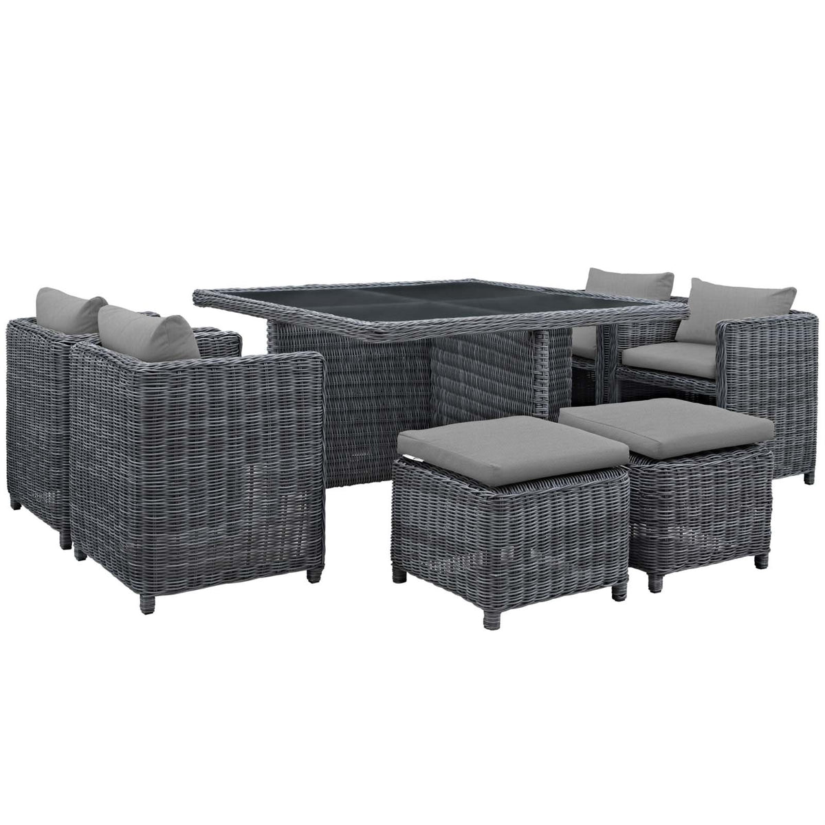 Summon Outdoor Patio Furniture Dining Set - Ultimate Comfort & Quality, Two-Tone Rattan, Sunbrella Cushions, Uv Protection, Aluminum Frame. Includes 4 Stools, 4 Chairs, 1 Table.