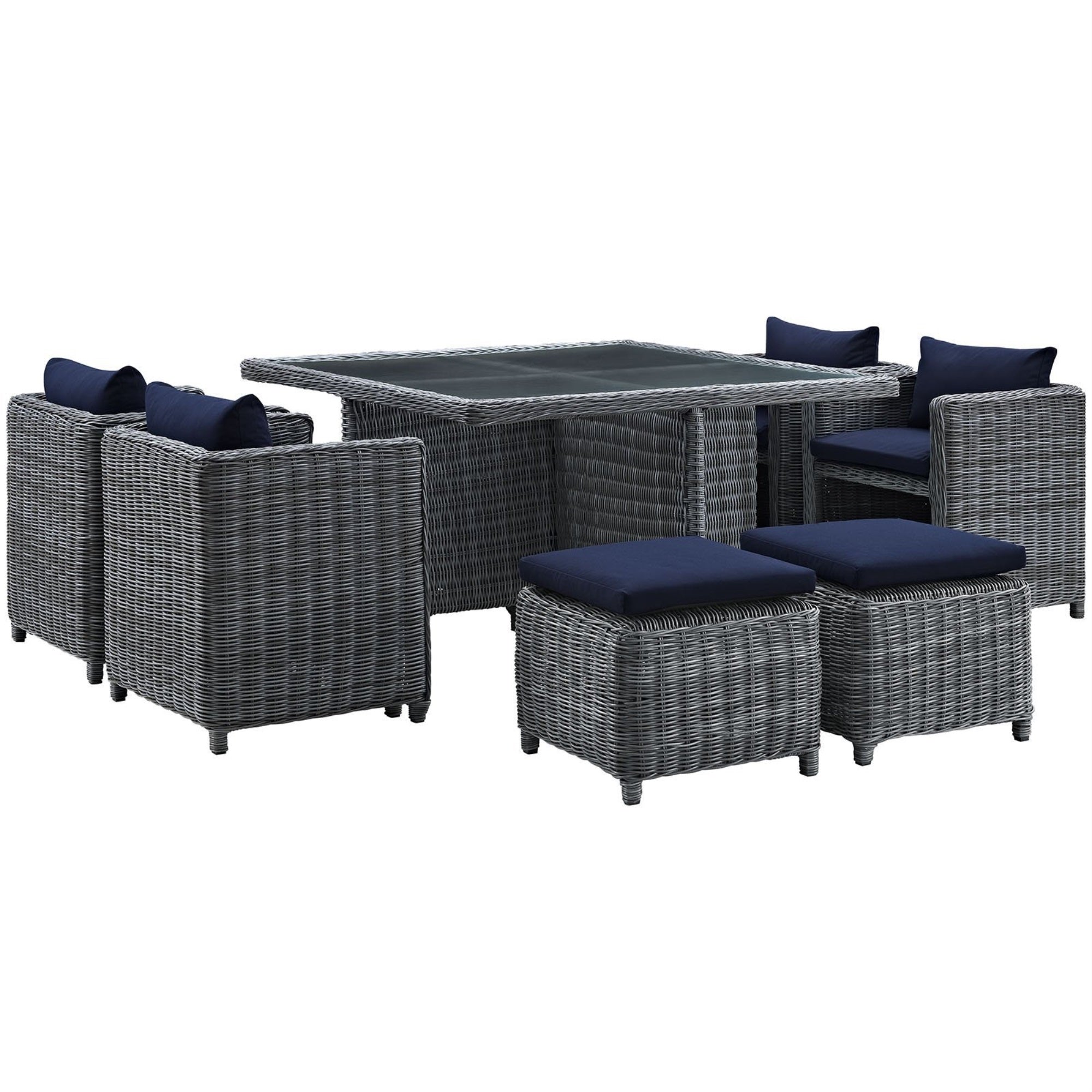 Casafoyer Summon Wicker Rattan Outdoor Patio Sunbrella 9-Pc Dining Set In Canvas Navy