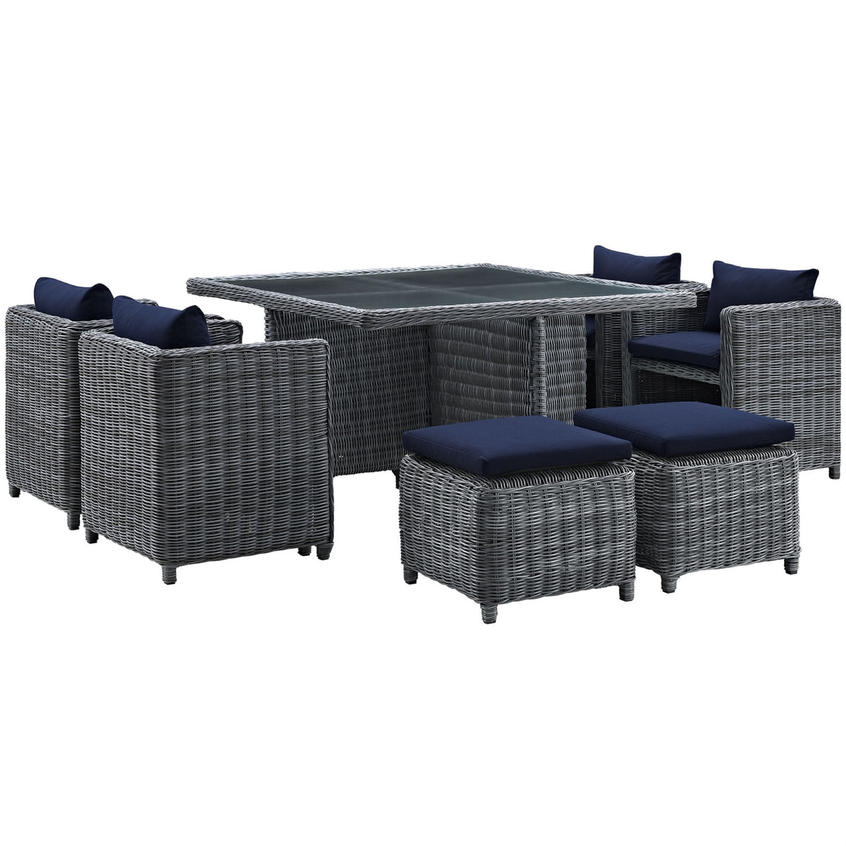 Summon Outdoor Patio Furniture Dining Set - 9 Piece, Sunbrella Fabric, Synthetic Rattan, Aluminum Frame, Navy