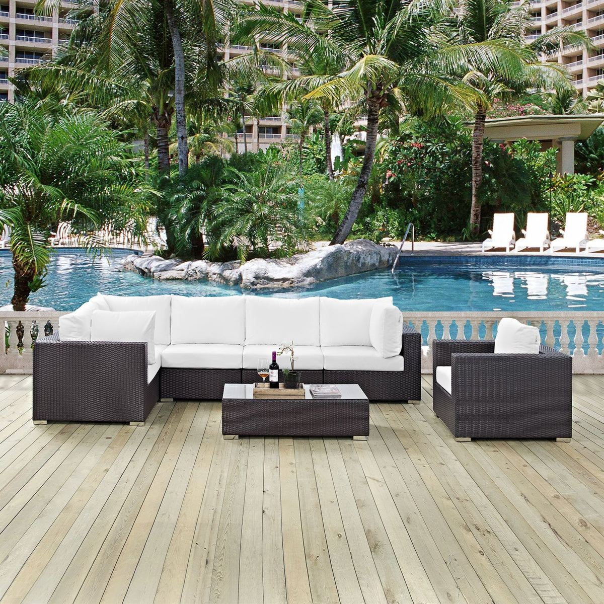 Casafoyer Convene Wicker Rattan 7-Pc Outdoor Patio Sectional Sofa Furniture Set In Espresso White