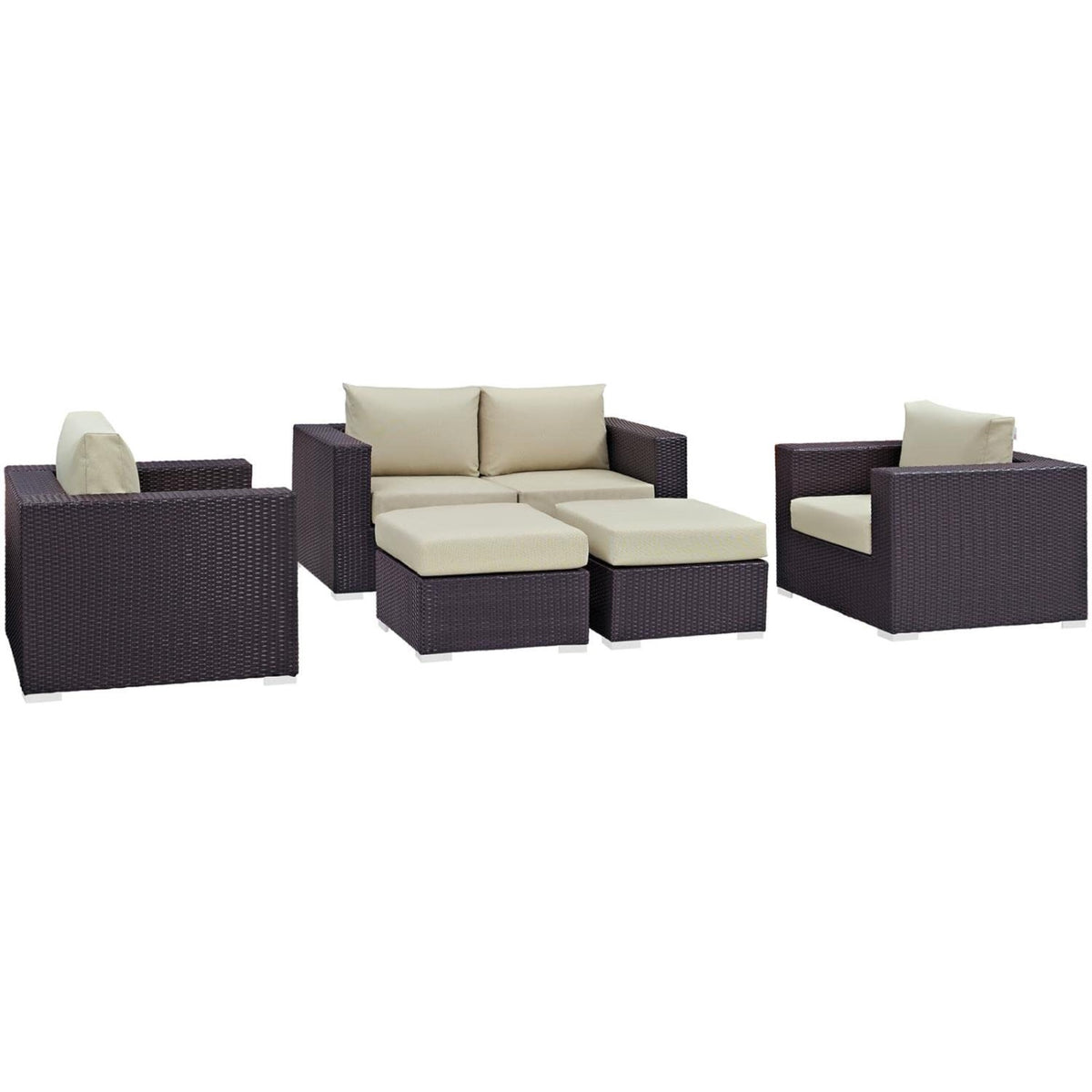 Casafoyer Convene Wicker Rattan 5-Piece Outdoor Patio Furniture Set With Cushions In Espresso Beige