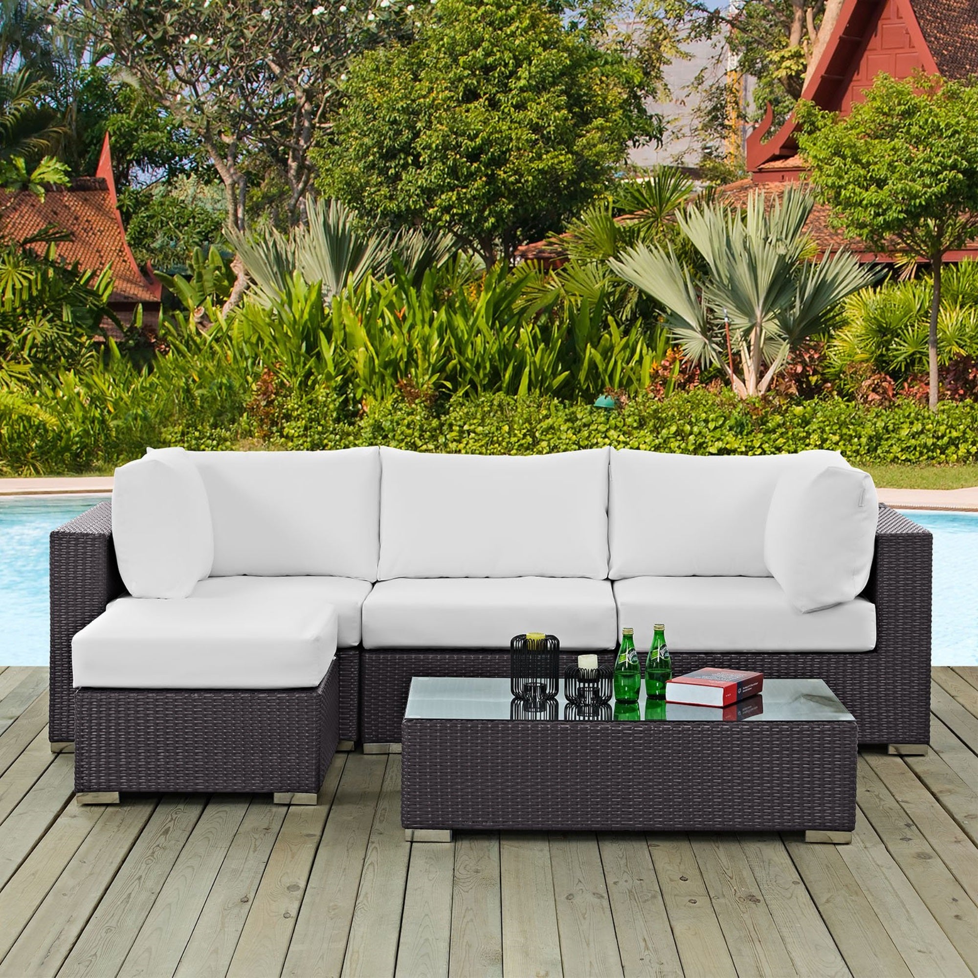 Casafoyer Convene Wicker Rattan 5-Piece Outdoor Patio Sectional Sofa Furniture Set In Espresso White