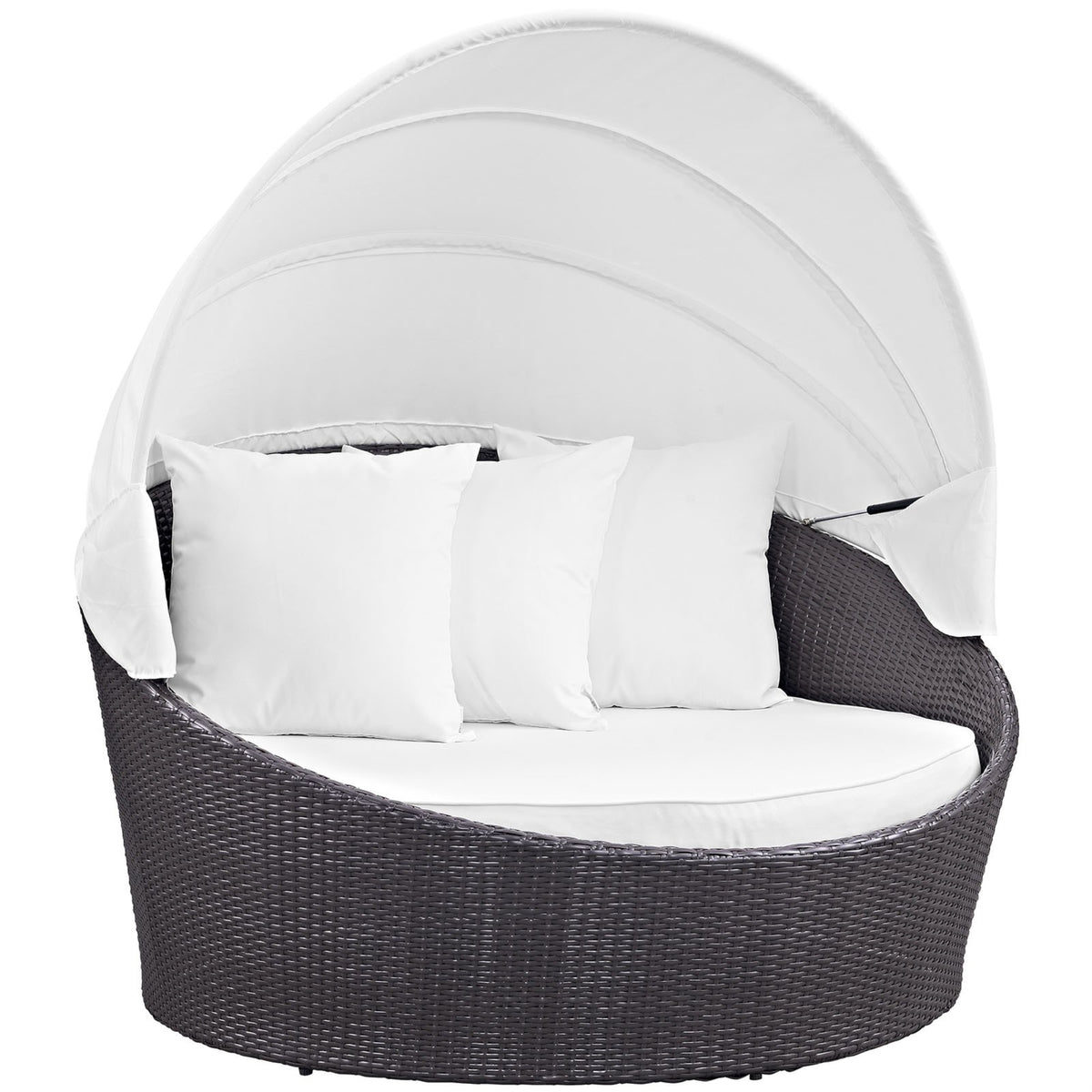 Casafoyer Convene Wicker Rattan Outdoor Patio Retractable Canopy Round Poolside Sofa Daybed In Espresso White