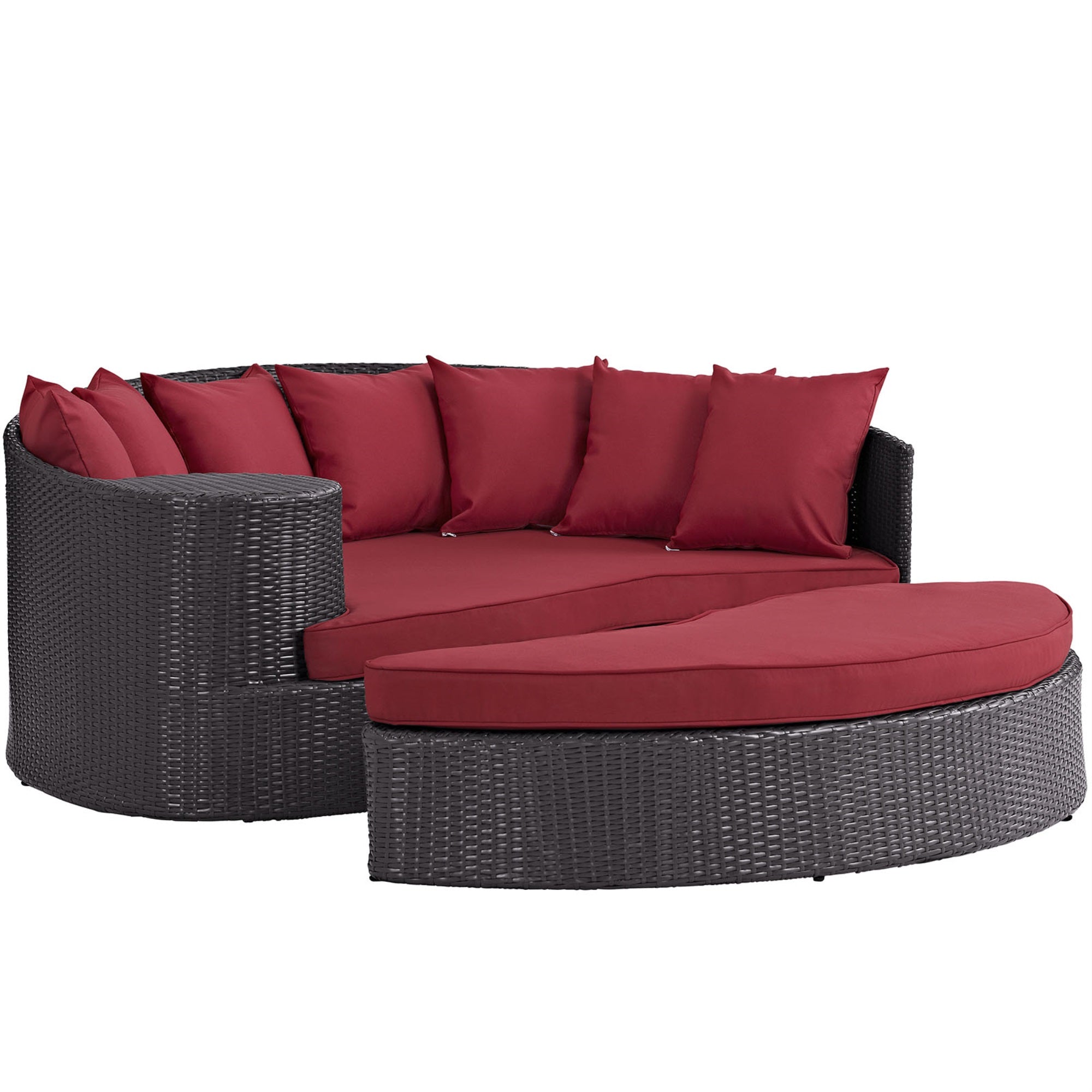 Convene Outdoor Sectional: Adjustable Patio Lounge Daybed With Ottoman - Durable Rattan & Aluminum Frame - All-Weather Cushions - Espresso Red