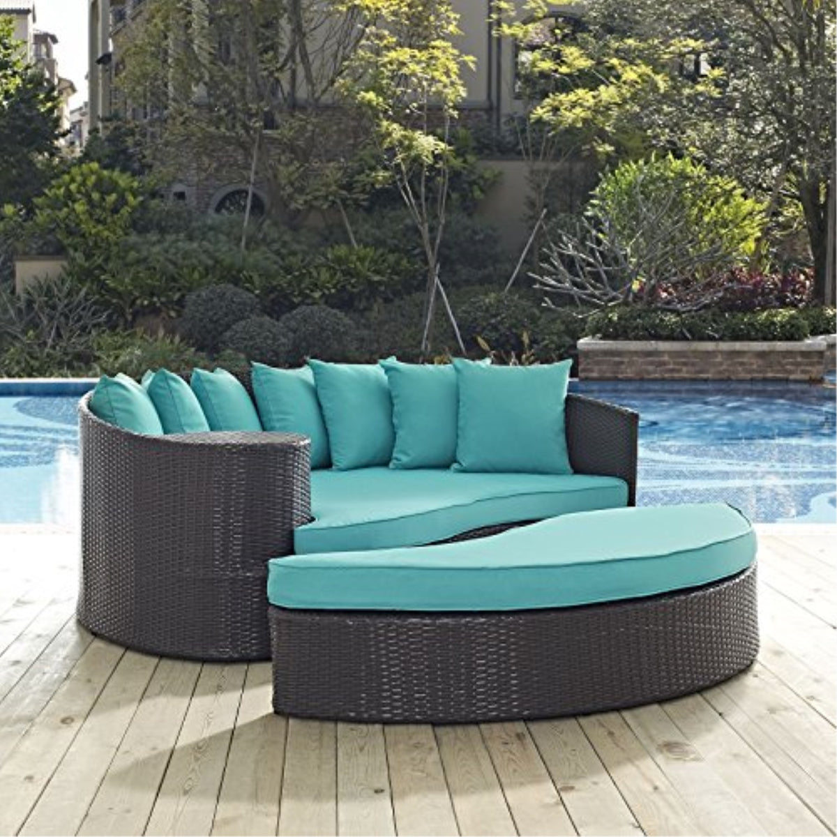Casafoyer Convene Wicker Rattan Outdoor Patio Poolside Sectional Sofa Daybed With Cushions In Espresso Turquoise