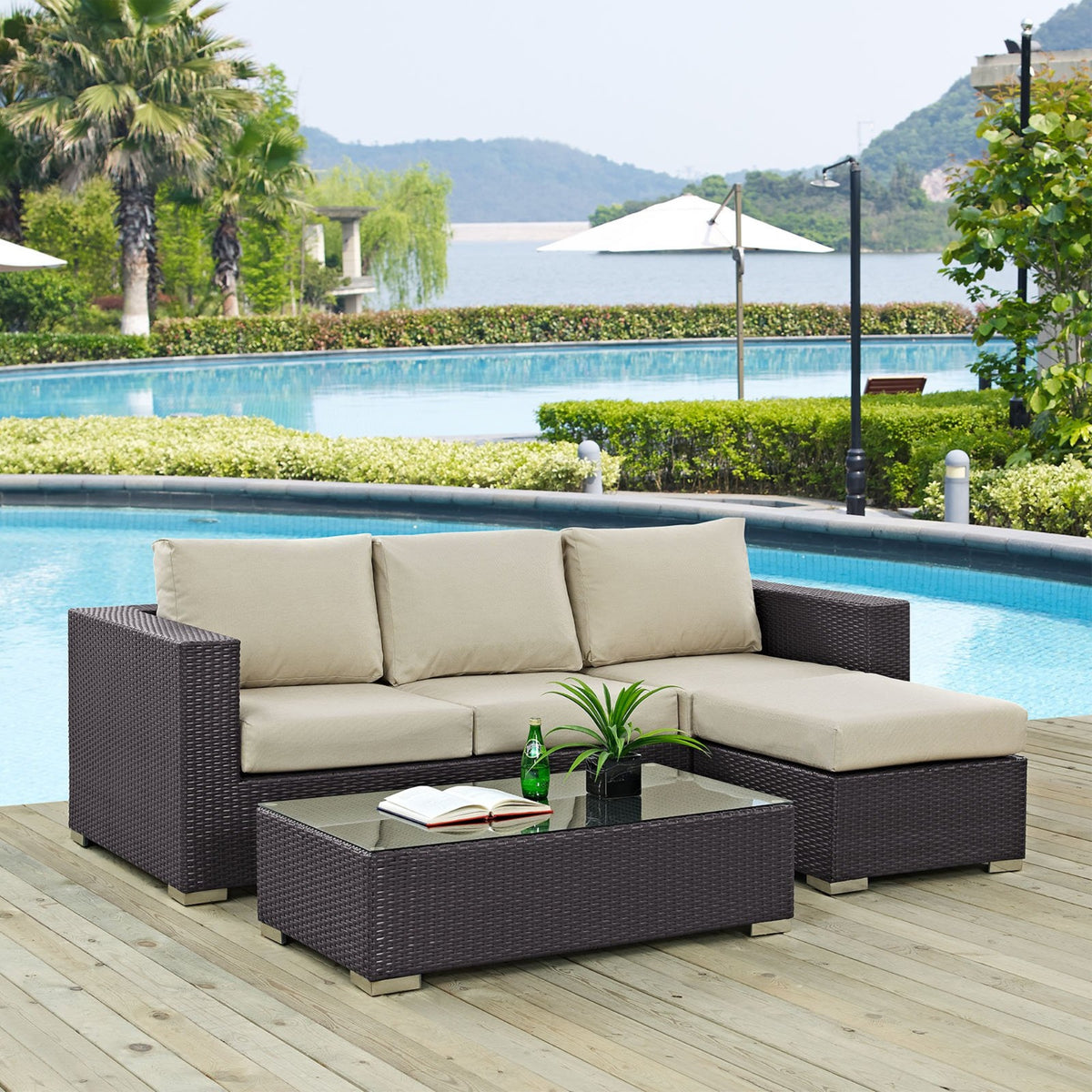 Casafoyer Convene Wicker Rattan 3-Piece Outdoor Patio Furniture Sofa Set In Espresso Beige