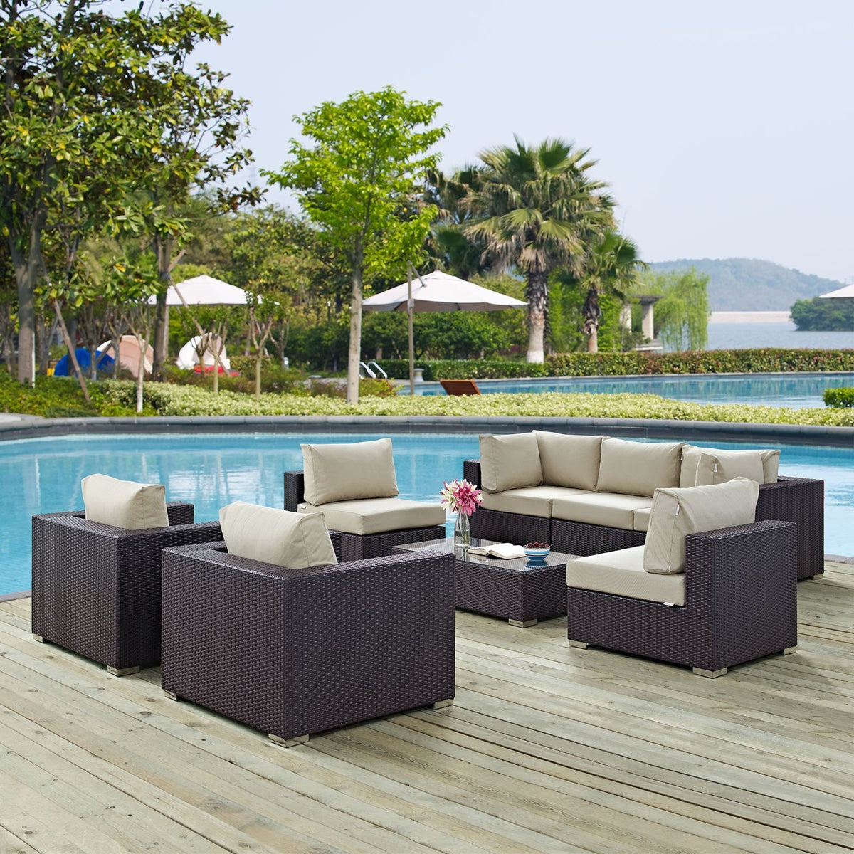 Casafoyer Convene Wicker Rattan 8-Piece Outdoor Patio Sectional Sofa Furniture Set In Espresso Beige