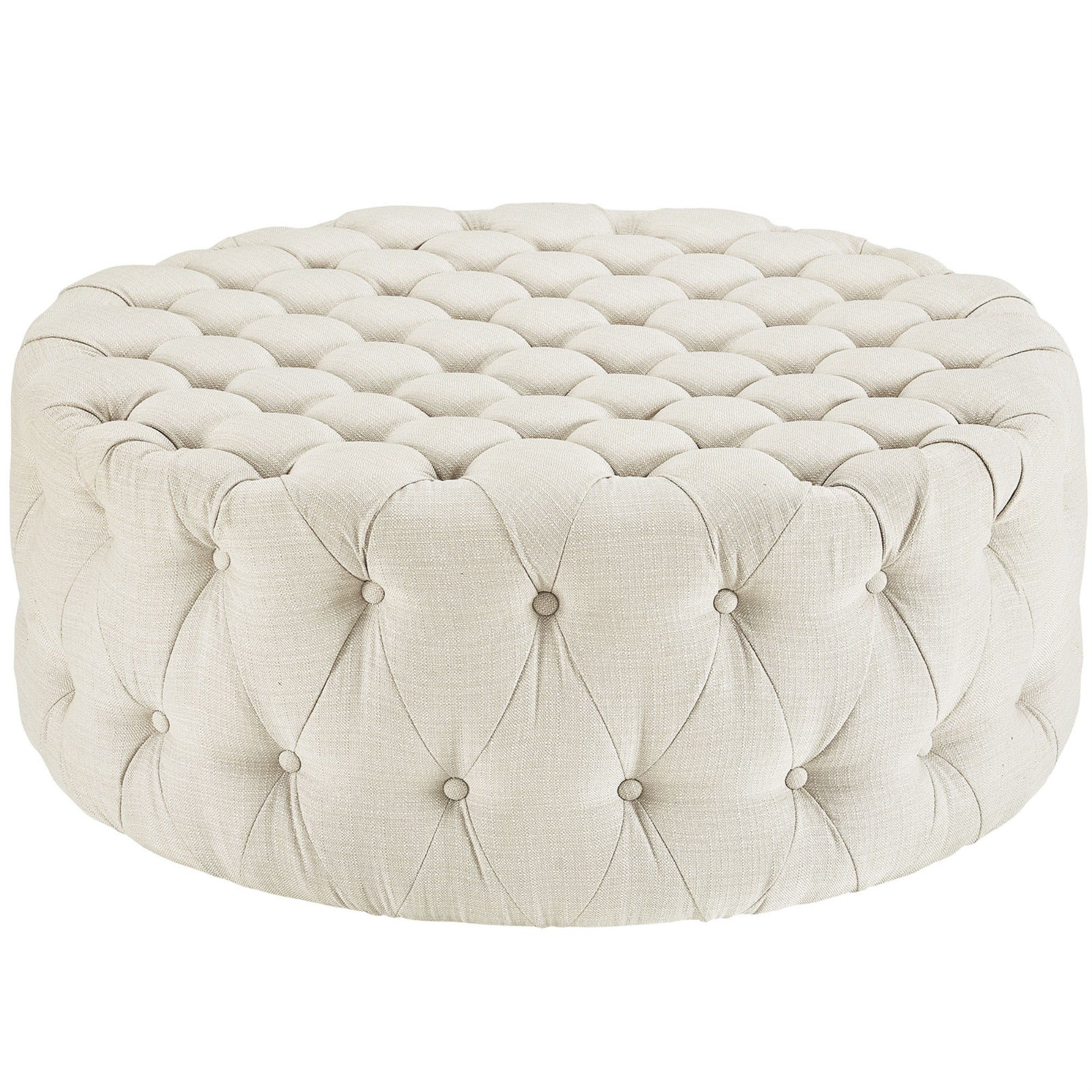 Amour Round Ottoman - Elegant Tufted Design, Plush Foam Padding, High-Quality Fabric Upholstery, Sturdy Black Plastic Legs. Perfect For Resting Feet, Showcasing Magazines, And Enhancing Interior Design In Bedroom, Living Room, Lounge, Or Office.