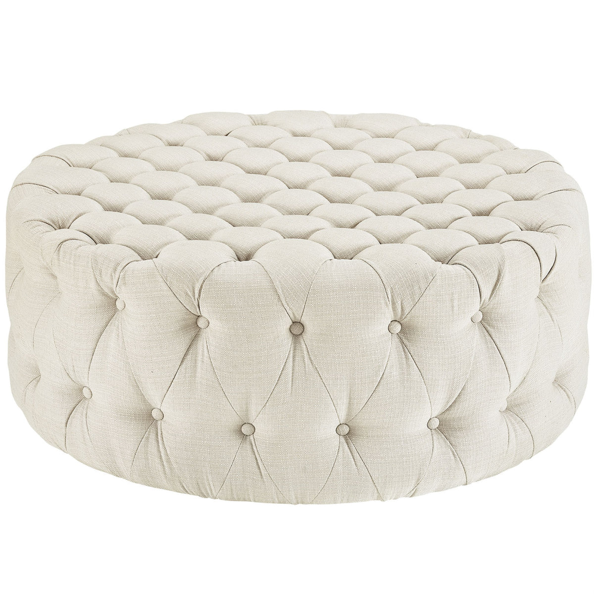 Amour Round Ottoman - Elegant Tufted Design, Plush Foam Padding, High-Quality Fabric Upholstery, Sturdy Black Plastic Legs. Perfect For Resting Feet, Showcasing Magazines, And Enhancing Interior Design In Bedroom, Living Room, Lounge, Or Office.