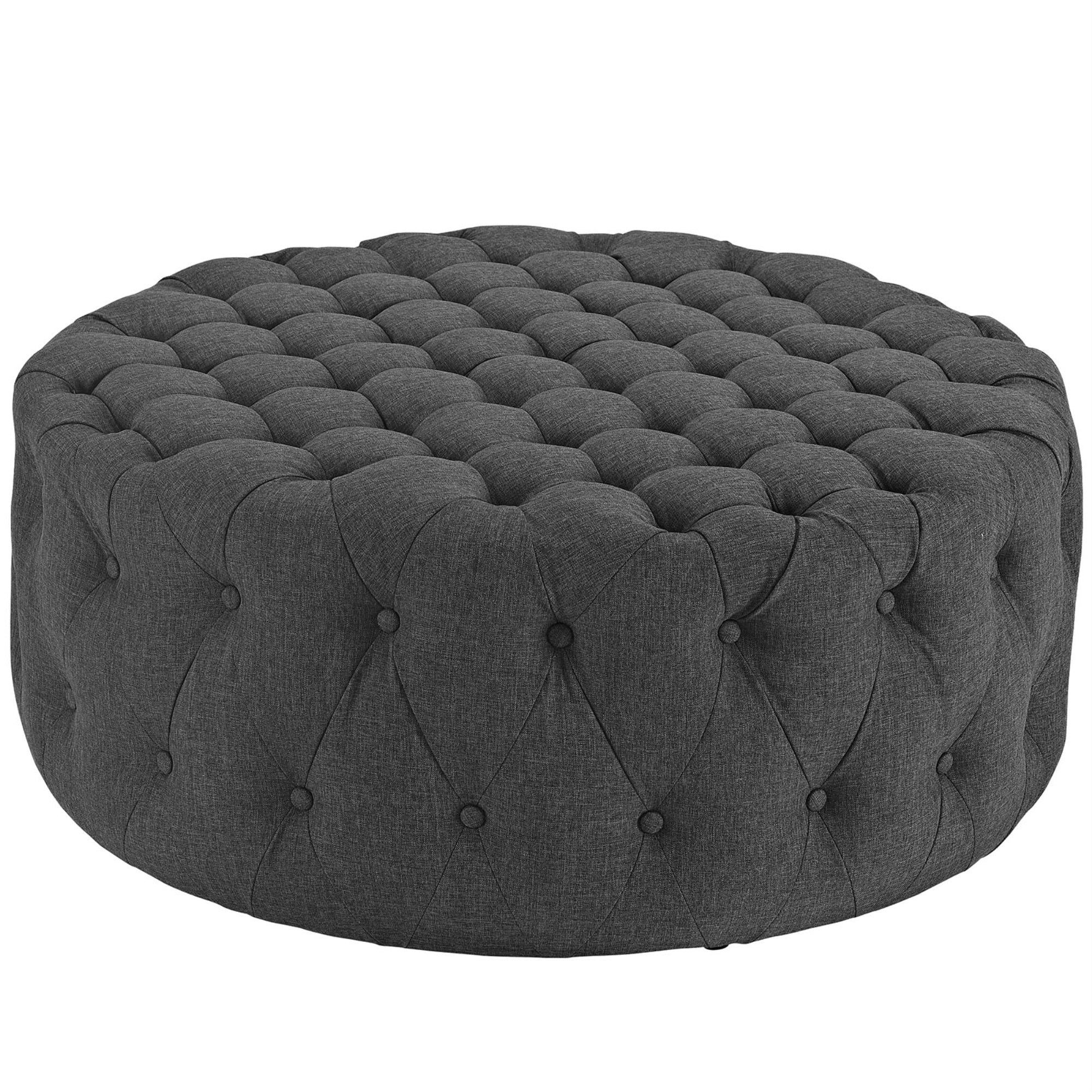 Amour Round Ottoman - Elegant Tufted Design, Plush Foam Padding, High-Quality Fabric Upholstery - Stylish & Functional Addition To Any Space - Non-Marking Black Plastic Legs - Perfect For Home Or Office - Gray