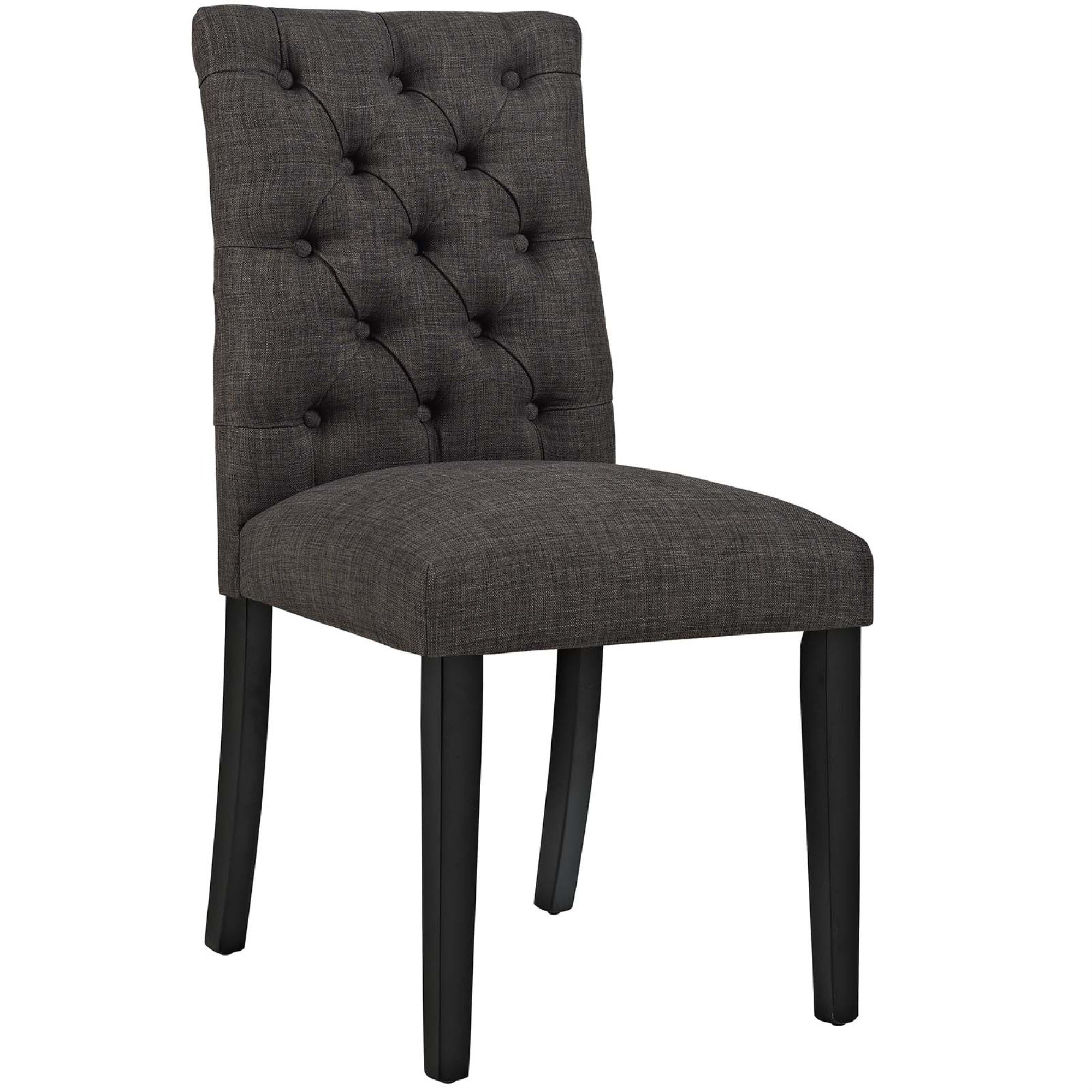 Duchess Dining Chair - Elegant Curvy Form, Tufted Button Back, Luxurious Comfort, Fine Fabric Upholstery, Durable Wood Legs, Non-Marking Foot Caps.