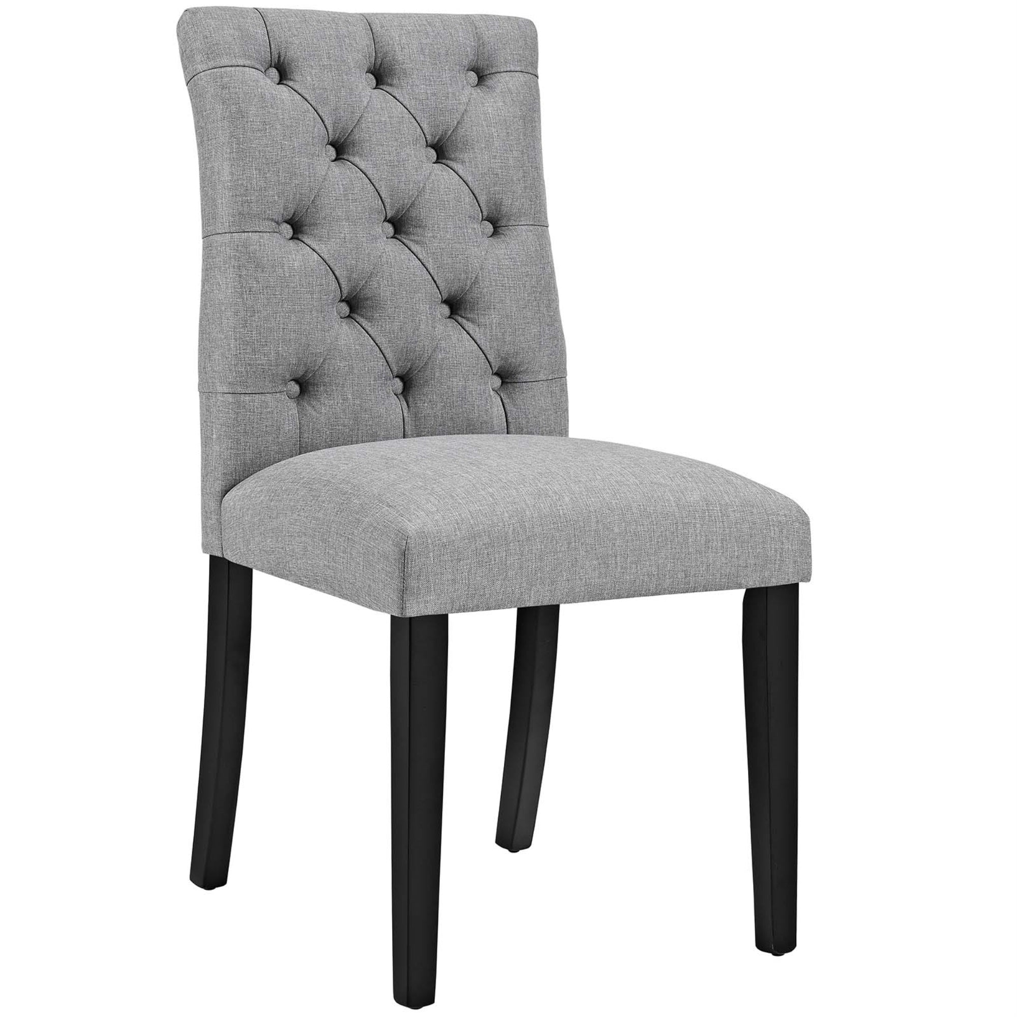 Duchess Dining Chair - Elegant And Luxurious Design, Chic Curvy Form, Tufted Button Back, Fine Fabric Upholstery, Comfortable Foam Padding, Stable Wood Legs.
