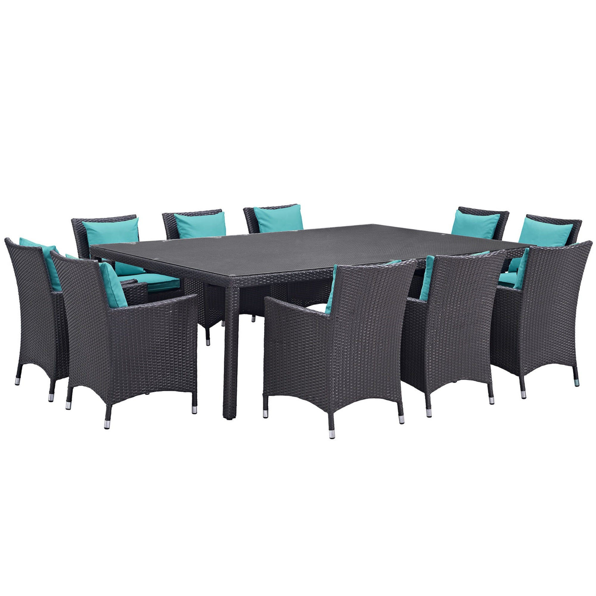Convene Outdoor Sectional Series - 11 Piece Patio Dining Set With Dining Table & Armchairs - Weather-Resistant Cushions - Espresso Turquoise