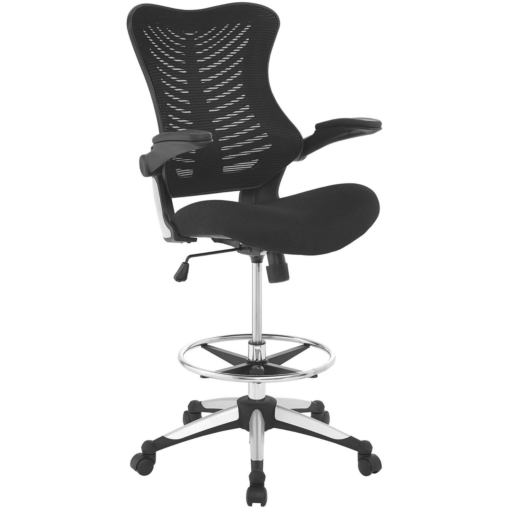 Charge Drafting Stool - Butterfly Shape, Ribbed Design, Steel Foot Ring, Tall Gas Cylinder, Dual-Wheel Casters, Two-Tone Base, Rotating Armrests, Padded Mesh Seat. Ideal For Modern Office.