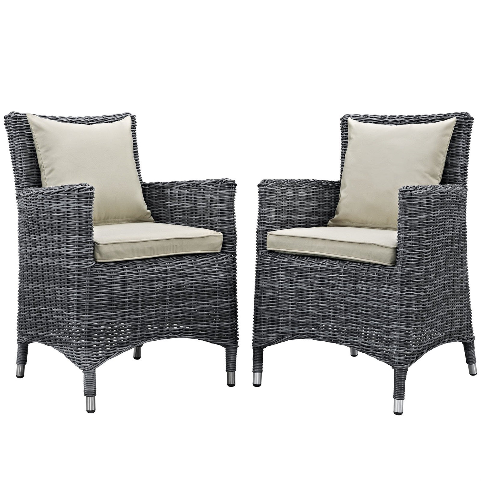 Casafoyer Summon Wicker Rattan Aluminum Outdoor Patio Two Dining Arm Chairs With Sunbrella Fabric Cushions In Antique Canvas Beige