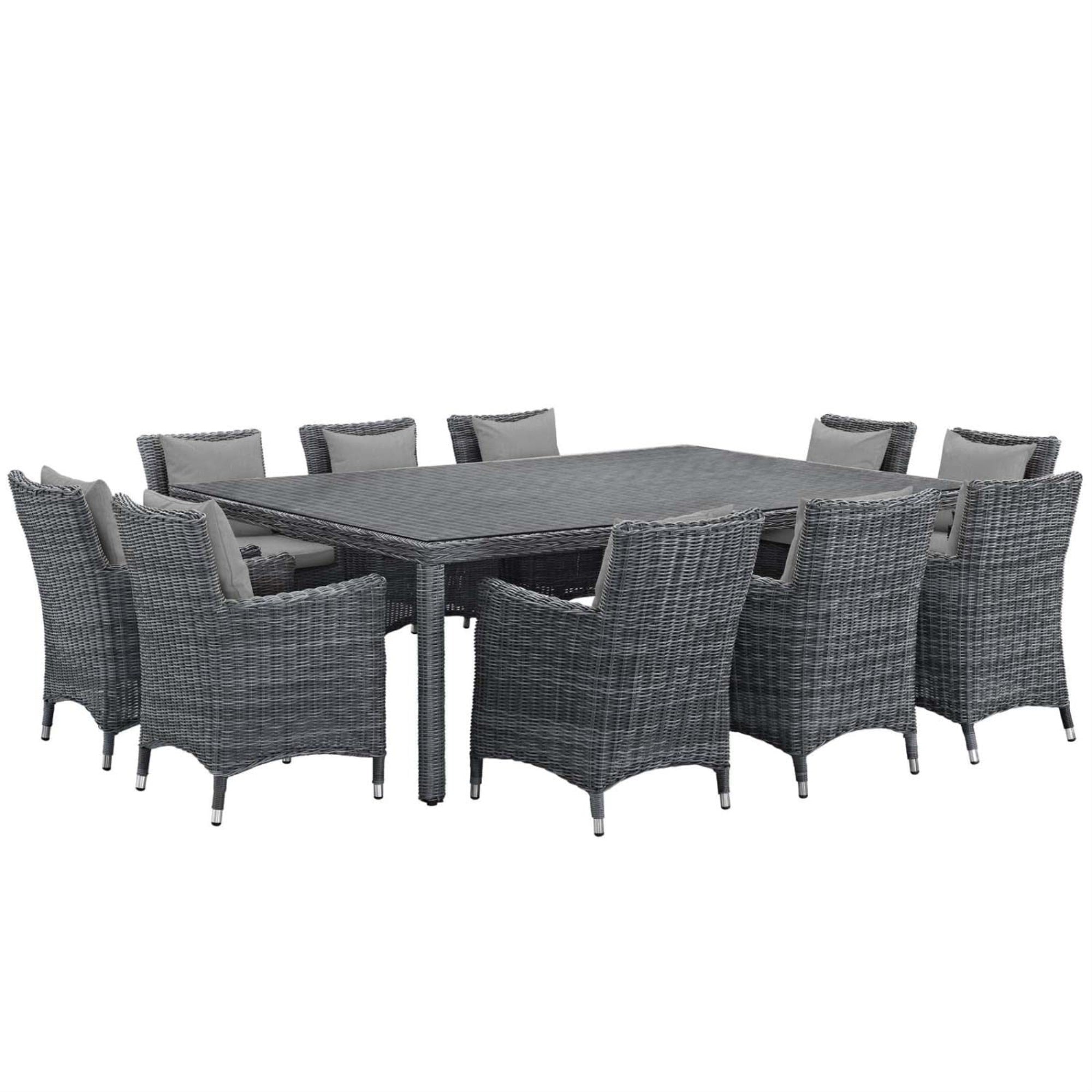Casafoyer Summon Wicker Rattan Aluminum Outdoor Patio 11-Piece 91' Dining Table And Dining Armchairs With Sunbrella Fabric Cushions In Canvas Gray