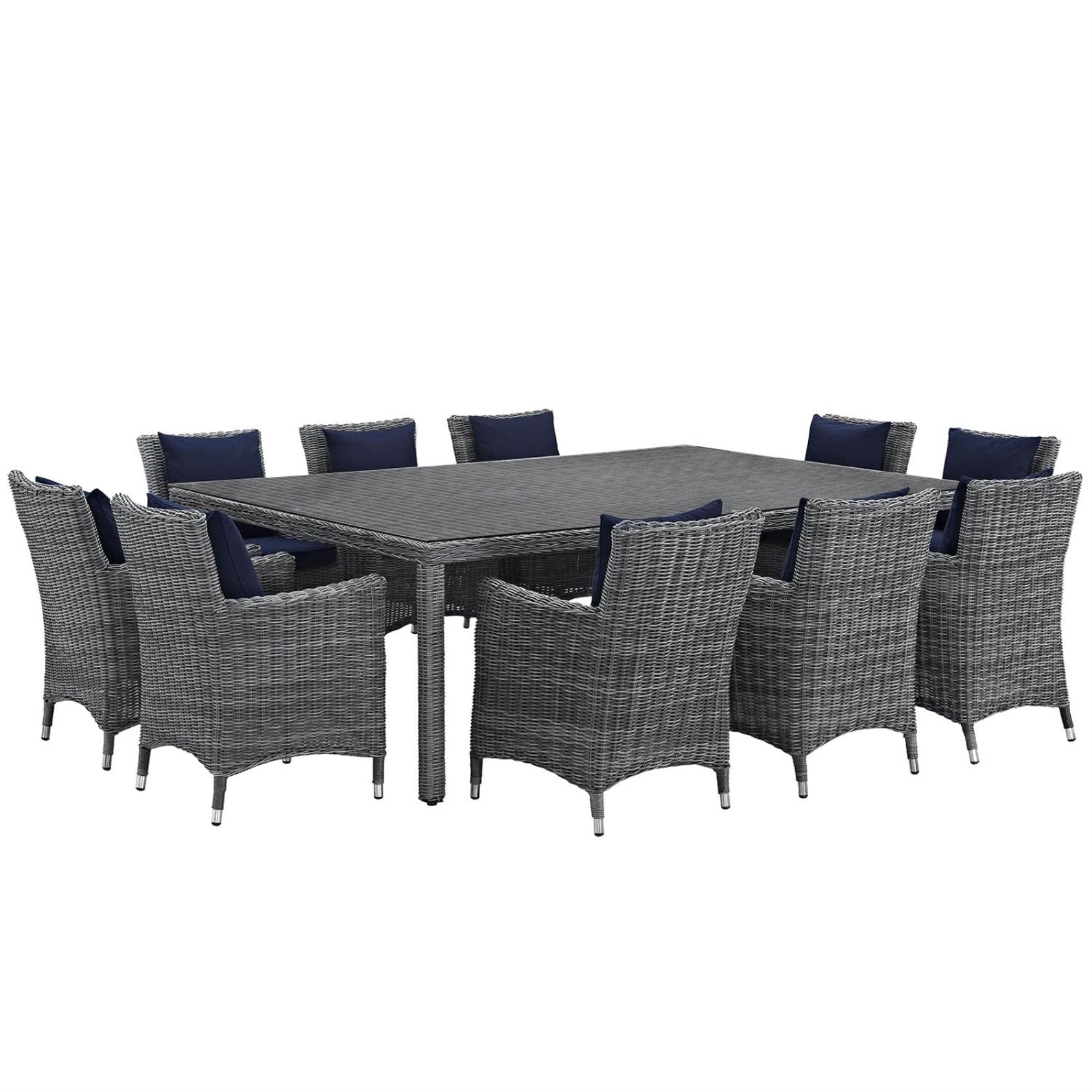 Casafoyer Summon Wicker Rattan Aluminum Outdoor Patio 11-Piece 91' Dining Table And Dining Armchairs With Sunbrella Fabric Cushions In Canvas Navy
