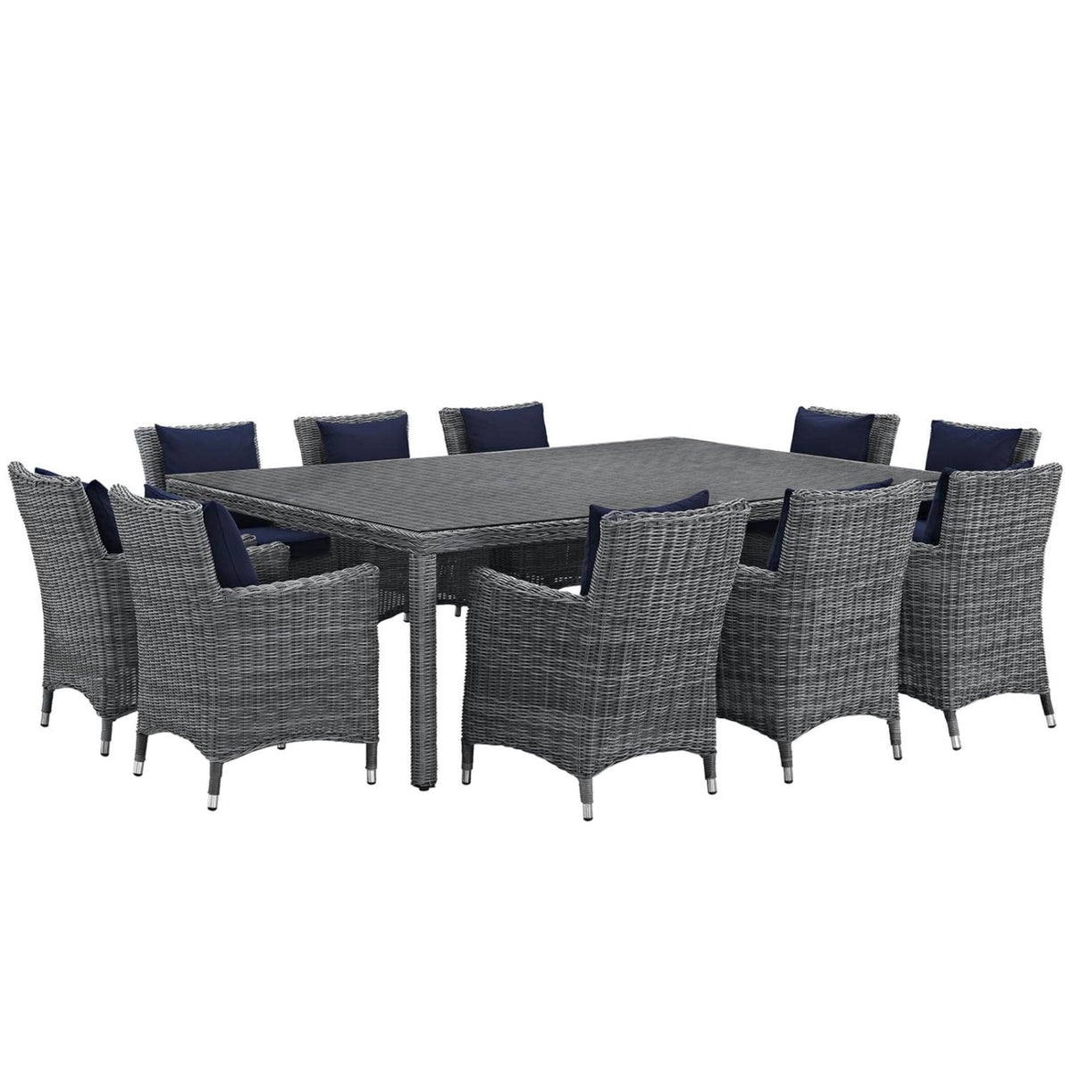 Casafoyer Summon Wicker Rattan Aluminum Outdoor Patio 11-Piece 91' Dining Table And Dining Armchairs With Sunbrella Fabric Cushions In Canvas Navy