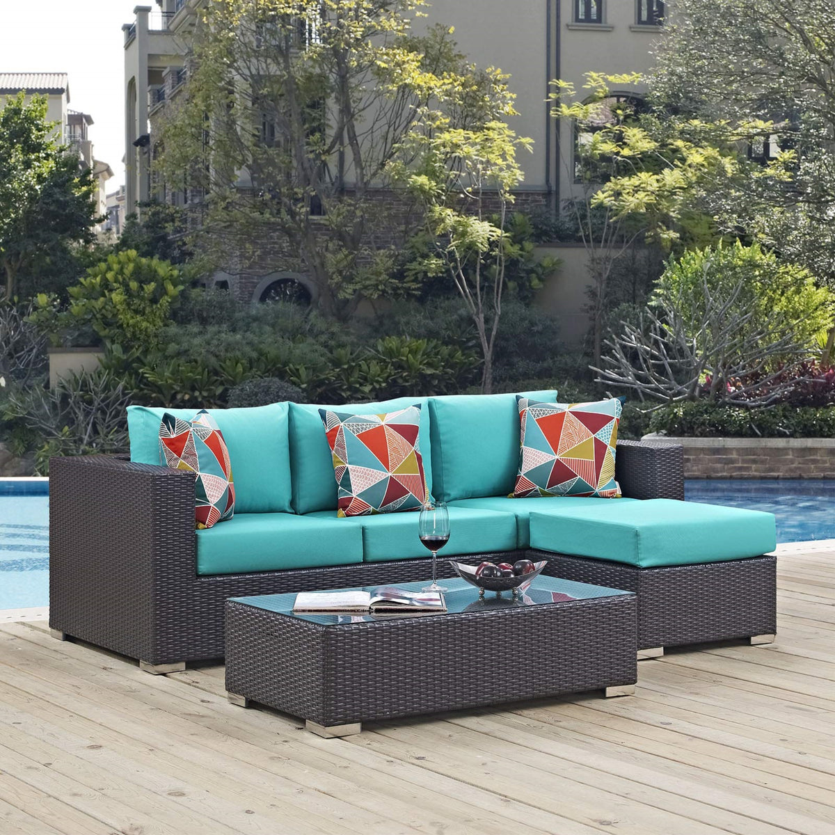 Casafoyer Eei-2364-Exp-Trq-Set Convene 3 Piece Outdoor Patio Sofa Set, Espresso Turquoise