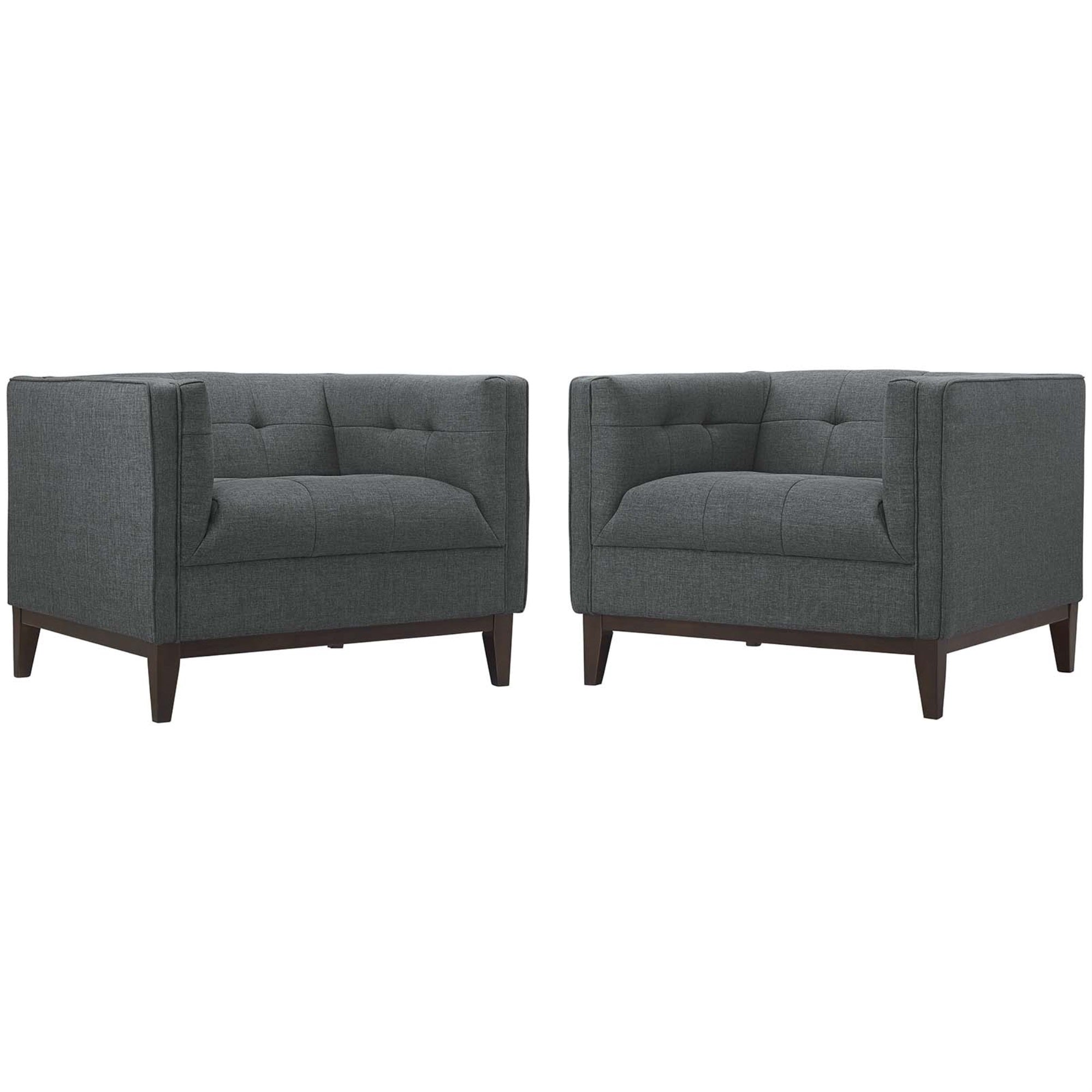 Serve Tufted Button Armchair Set Of 2 - Elegant Gray Upholstery, Dense Foam Cushioning, Walnut Stained Legs - Ideal For Living Rooms, Lounges, And Reception Areas