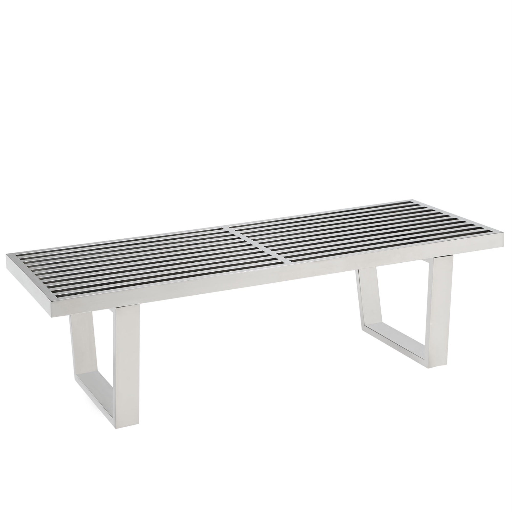 Contemporary And Versatile Sauna 4' Platform Bench In Stainless Steel - Functional, Progressively Designed Table Or Bench With Slotted Square And Rectangular Surface - Mid-Century Modern, Futuristic Appeal