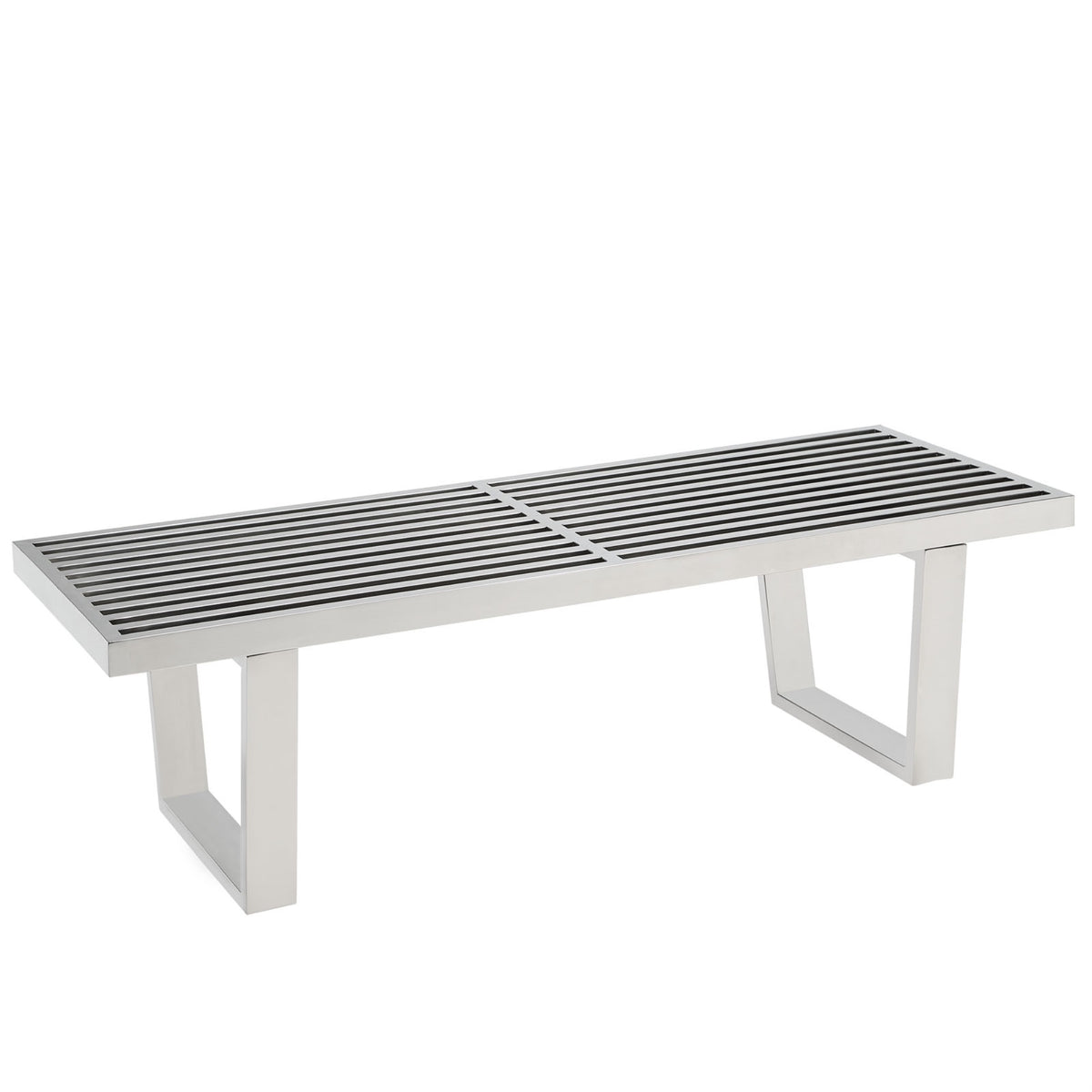 Contemporary And Versatile Sauna 4' Platform Bench In Stainless Steel - Functional, Progressively Designed Table Or Bench With Slotted Square And Rectangular Surface - Mid-Century Modern, Futuristic Appeal