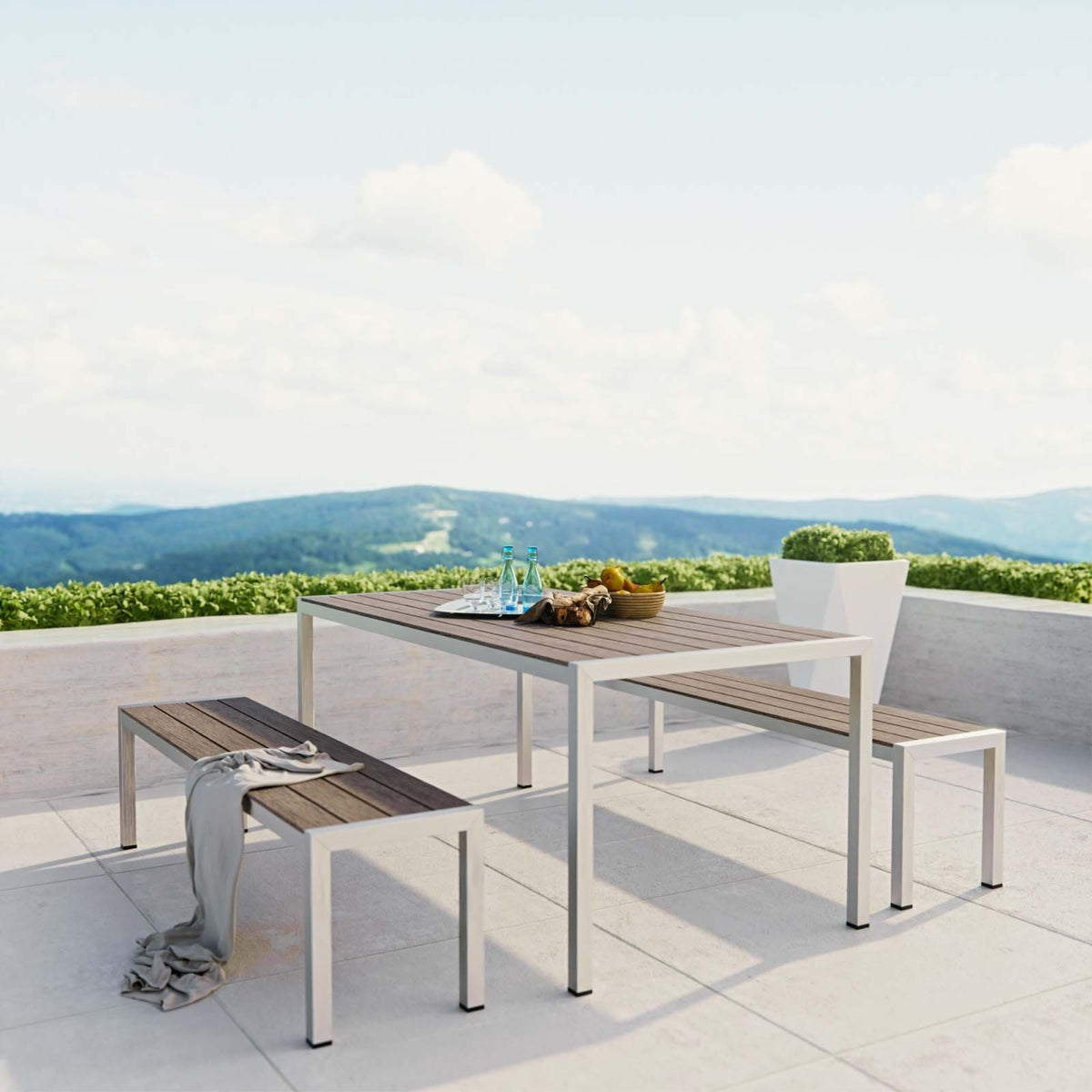 Casafoyer Shore Aluminum Outdoor Patio 3-Piece Dining Set With 71' Rectangle Dining Table And Two 67' Benches In Silver Gray