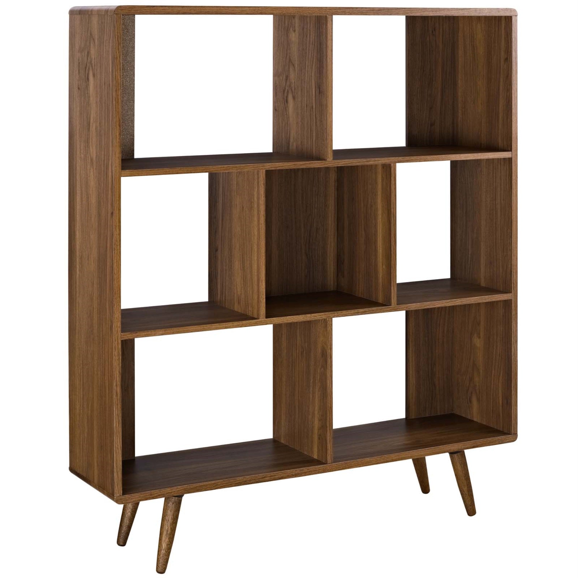 Transmit Walnut Grain Laminate Bookcase - Stylish Mid-Century Design, 3-Tiered With Offset Shelf Dividers, Perfect For Living Room Or Entryway