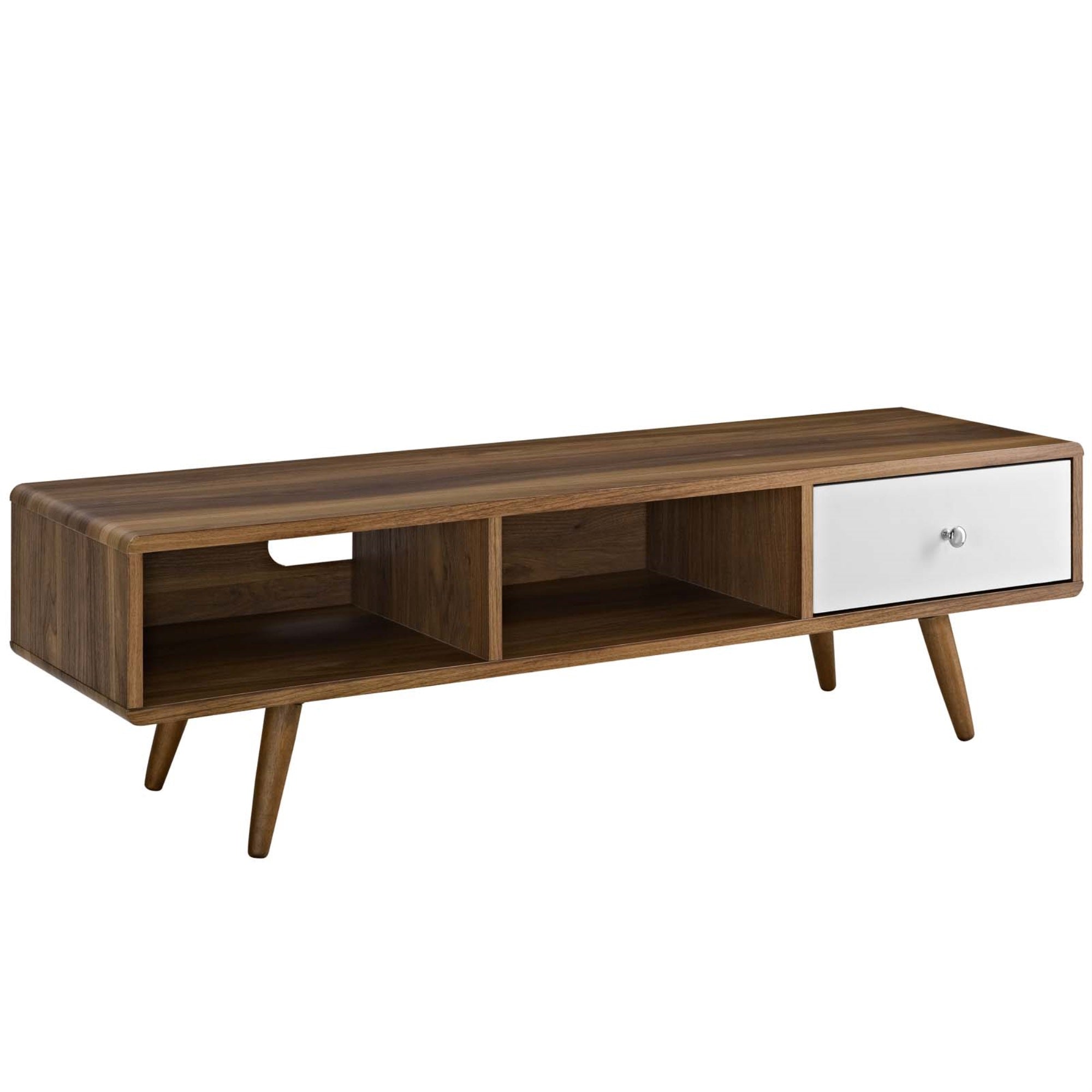 Transmit 55 Tv Stand - Mid-Century Modern Design, White Lacquer Drawer, Ample Storage, Walnut Grain Laminate, Cable Management Hole