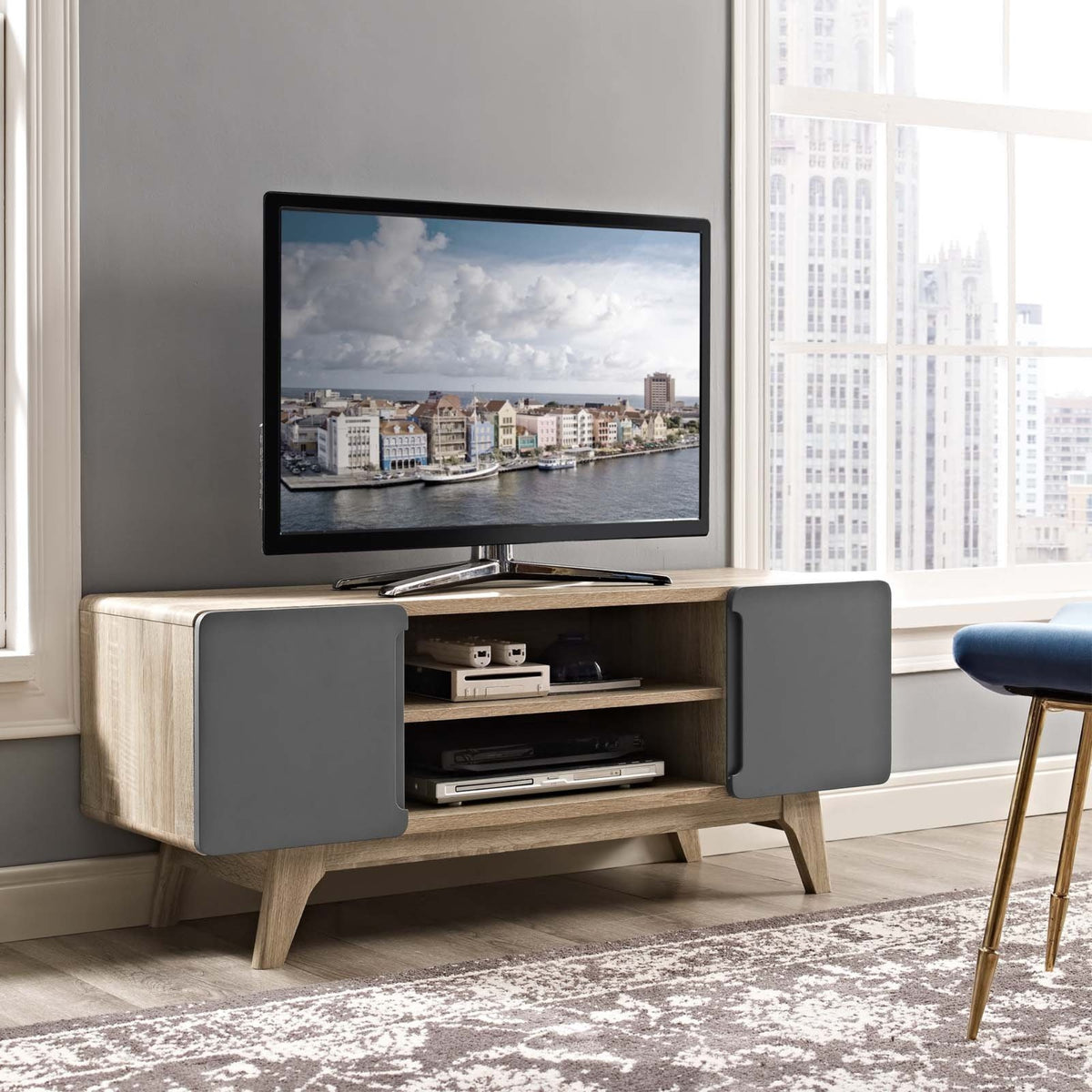 Casafoyer Tread Mid-Century Modern 47 Inch Tv Stand In Natural Gray