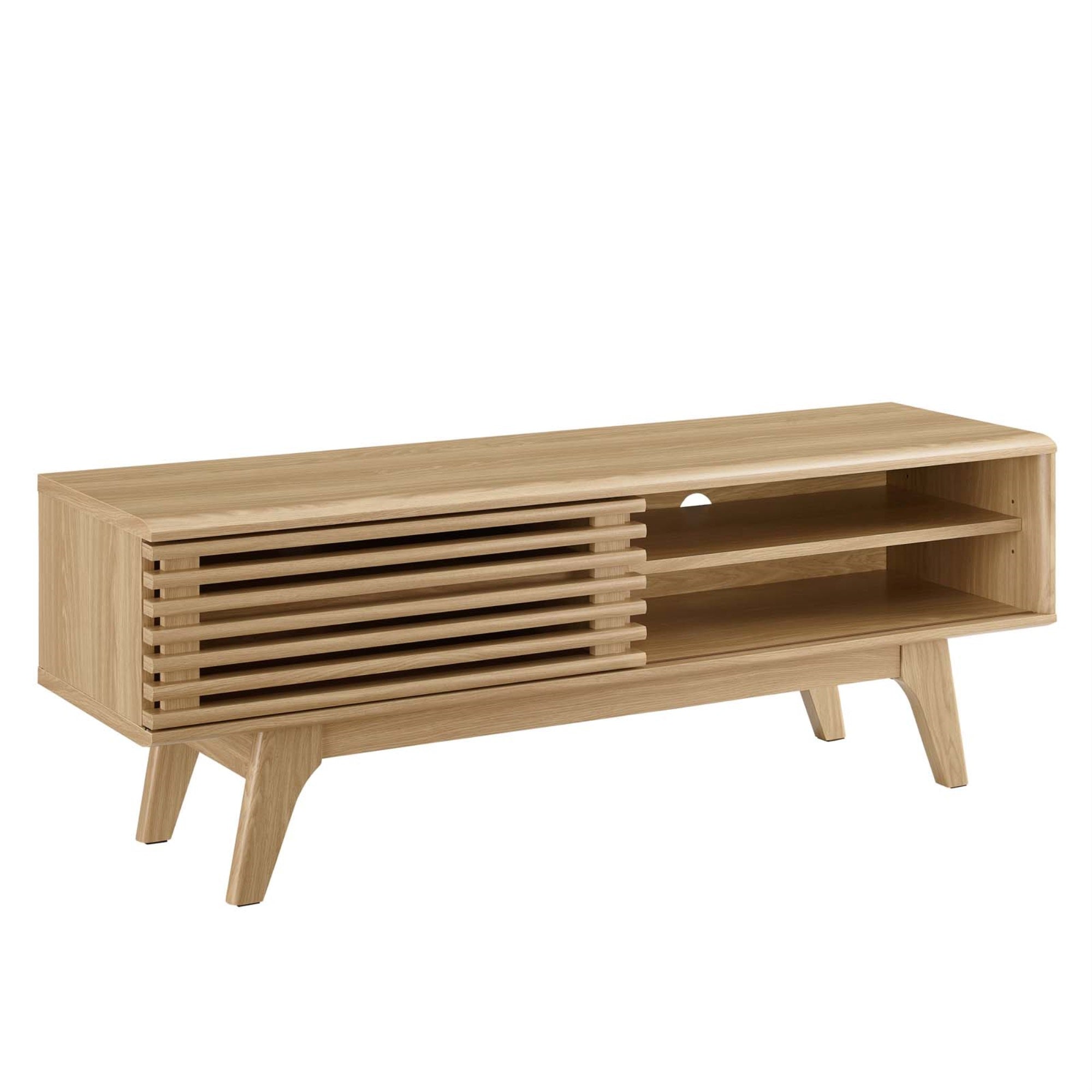 Ergode 48 Tv Stand - Elegant Mid-Century Design, Walnut Veneer, Slatted Sliding Door, Cable Management, Solid Wood Legs