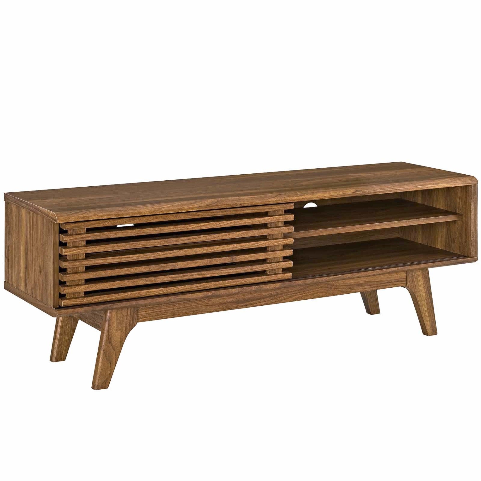 Mid-Century Charm: Render 48 Tv Stand - Walnut | Sturdy Frame, Elegant Design | Slatted Sliding Door, Ample Storage | Cable Management Holes | Perfect For Modern Living Spaces