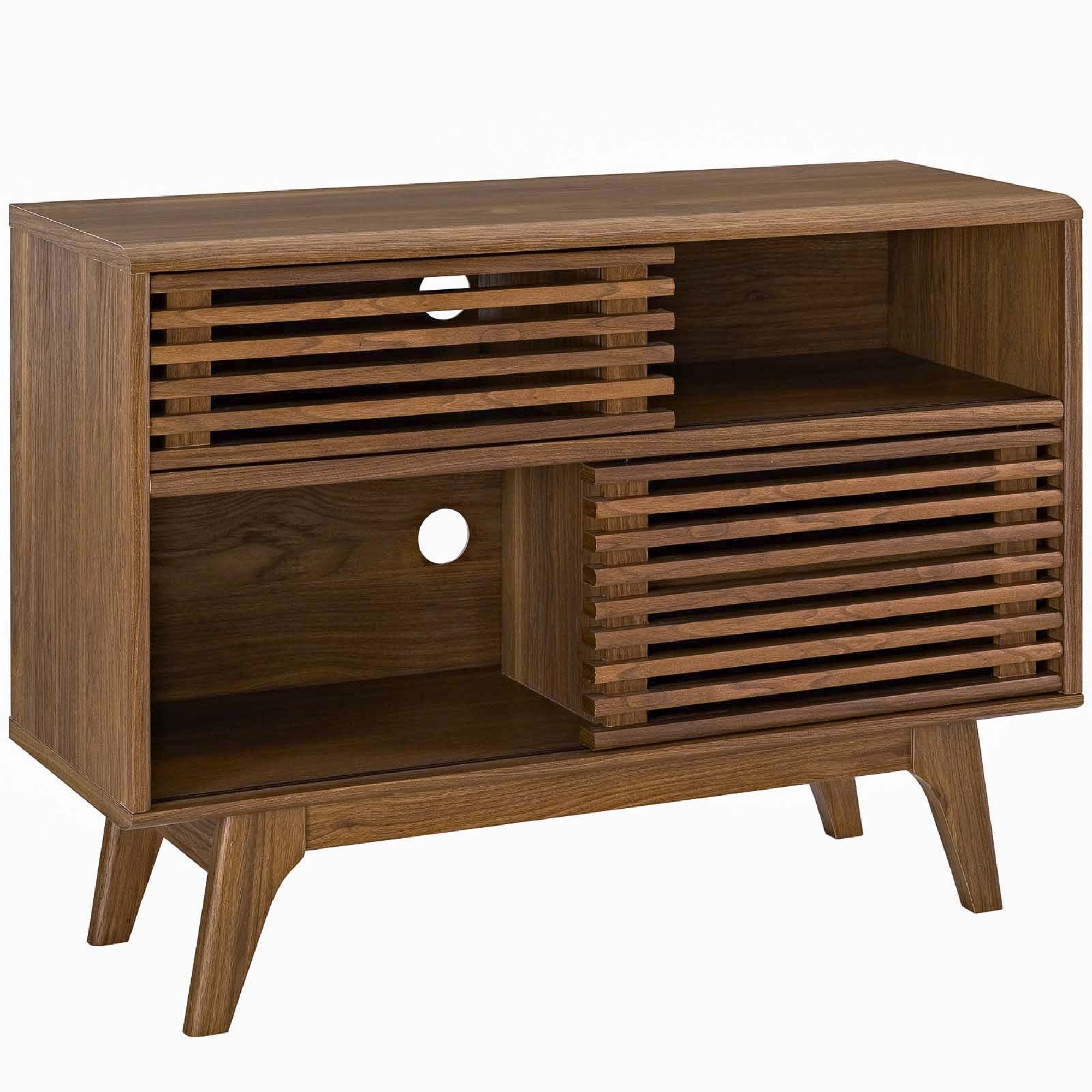 Mid-Century Render Display Stand With Adjustable Shelf, Sliding Doors, And Cable Management - Walnut Grain Laminate - Ideal For Living Room Or Entryway - Sturdy Particleboard Frame - 1 Piece