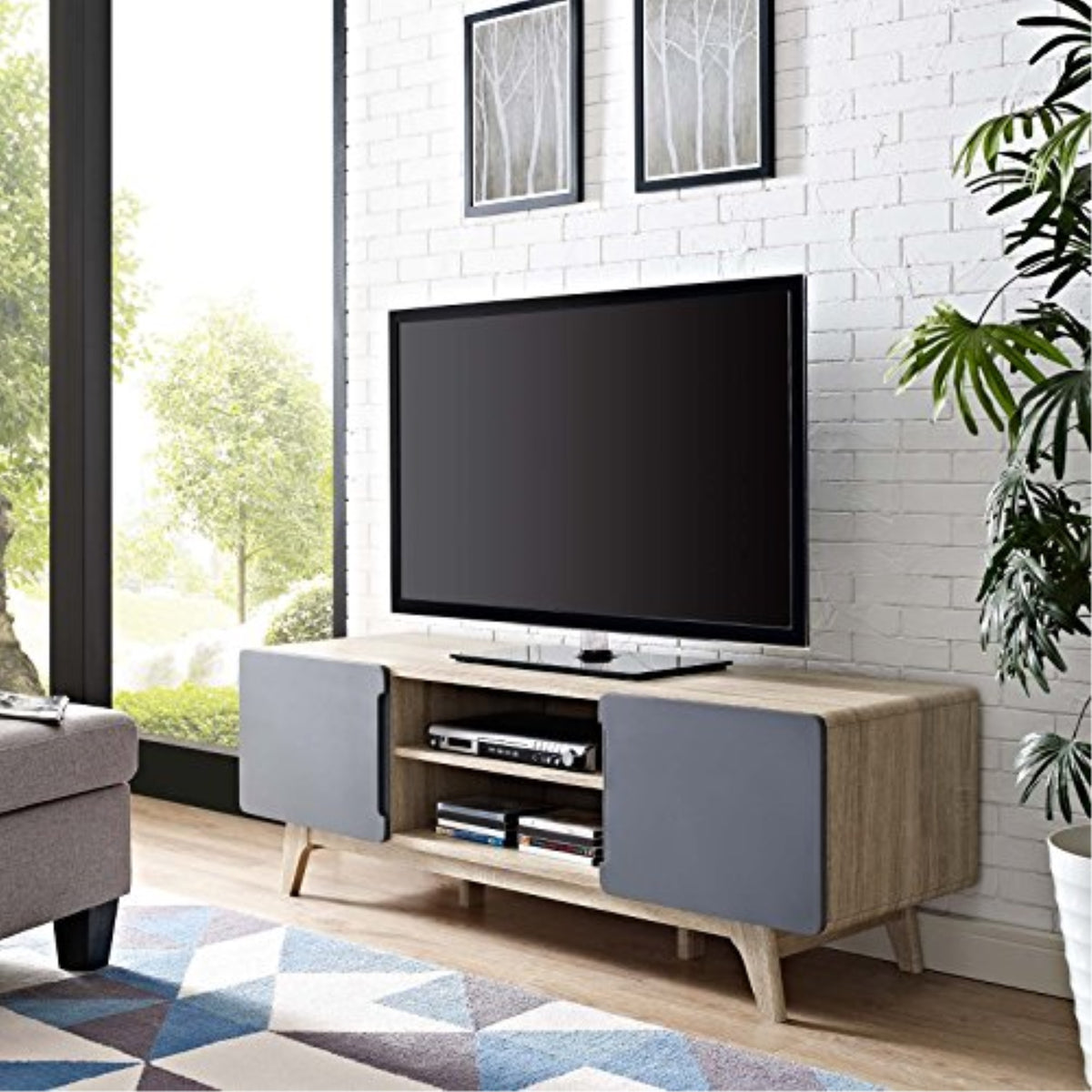 Casafoyer Tread Mid-Century Modern 59 Inch Tv Stand, 59', Natural Gray