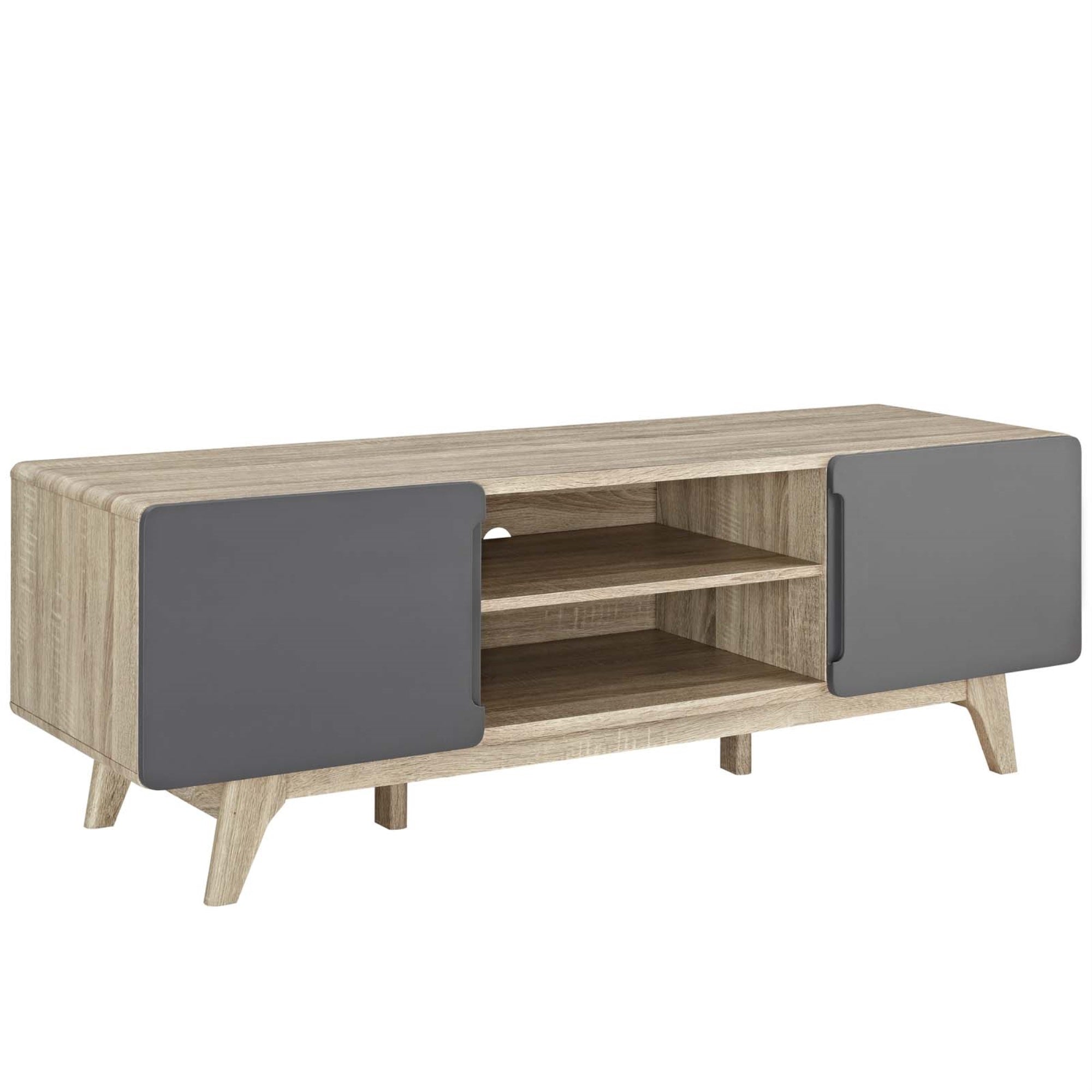 Tread 59' Tv Stand - Mid-Century Modern Design, Height Adjustable Shelf, Cable Management, Concealed & Open Storage, Natural Gray