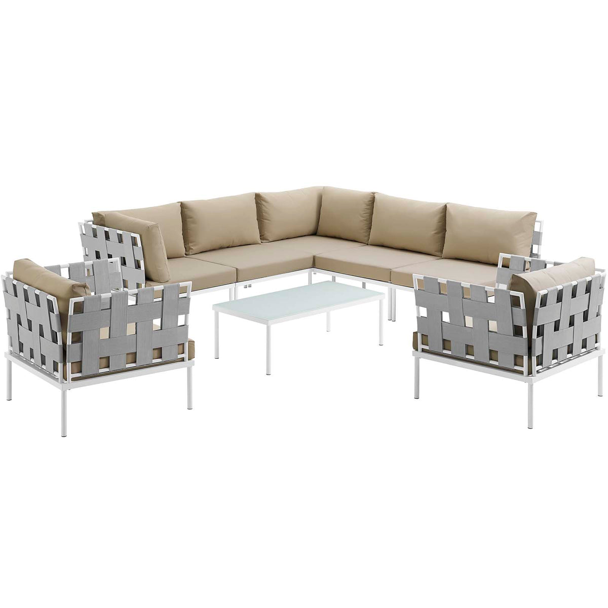 Harmony 8 Piece Outdoor Patio Aluminum Sectional Sofa Set - White Beige