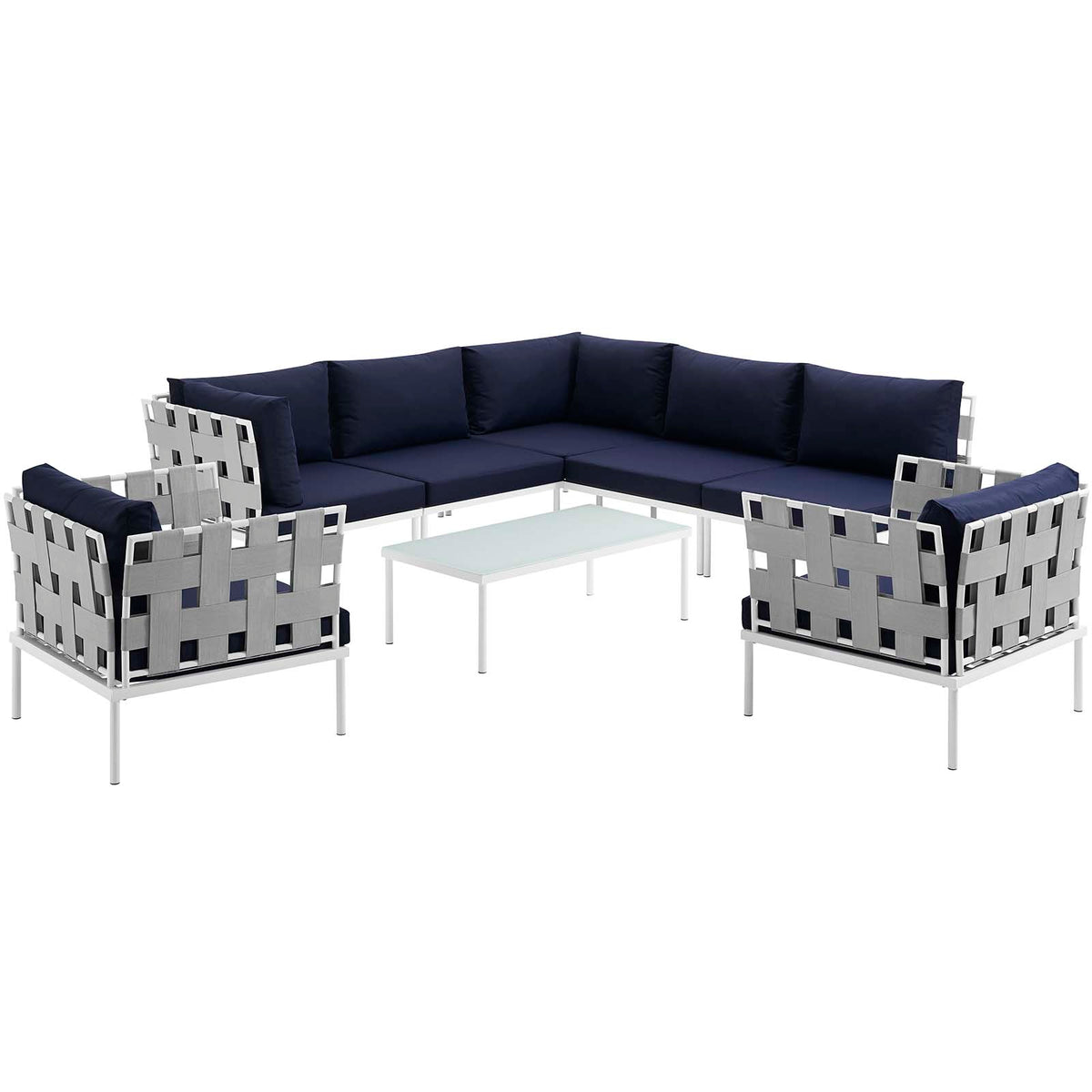 Harmony 8 Piece Outdoor Patio Aluminum Sectional Sofa Set - White Navy