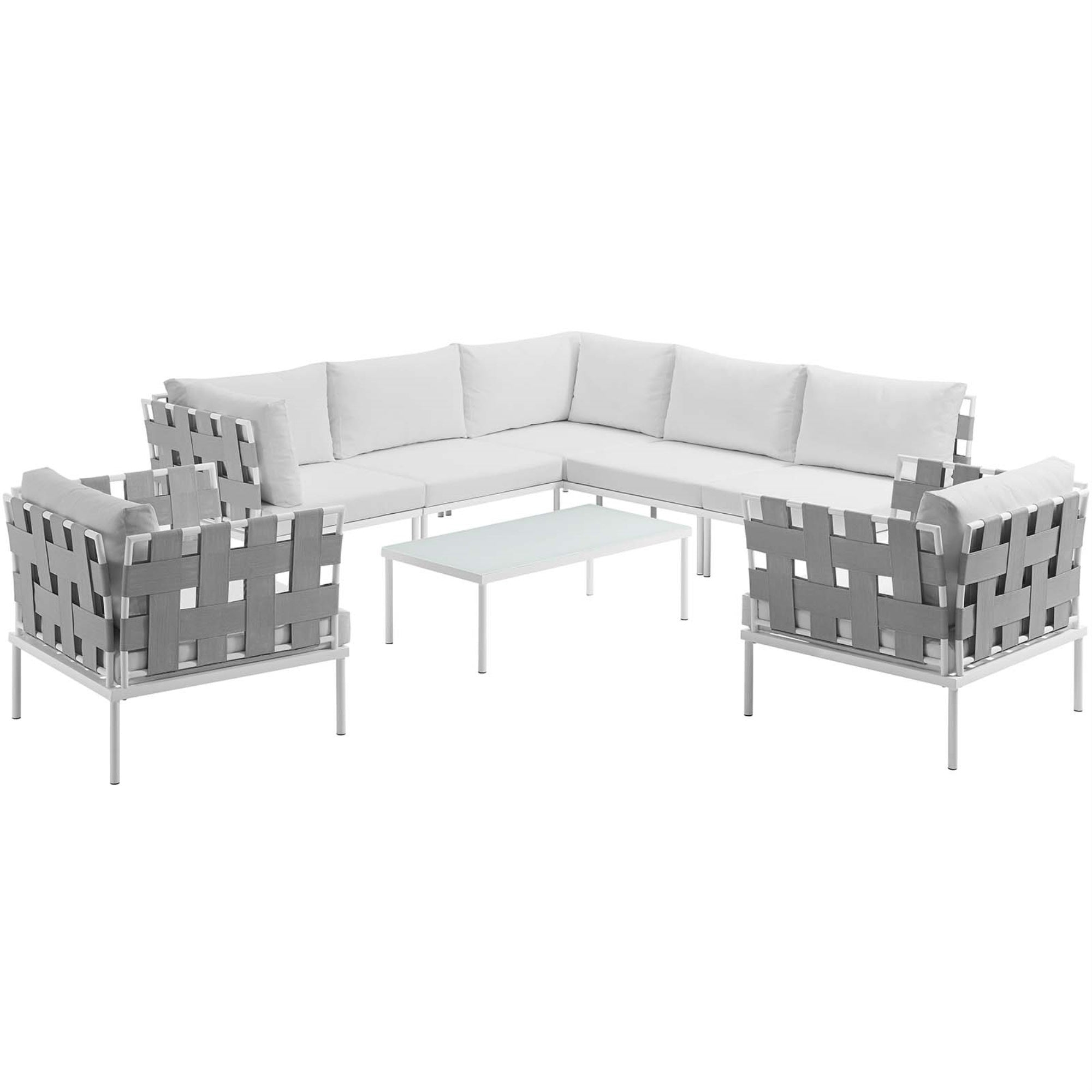 Harmony Outdoor Patio Sectional Sofa Furniture Set - All-Weather Waterproof, Modern Design, Machine Washable Cushions, Powder Coated Aluminum Bases. Includes Coffee Table, Armless Chairs, Armchairs, And Corner Sofas.