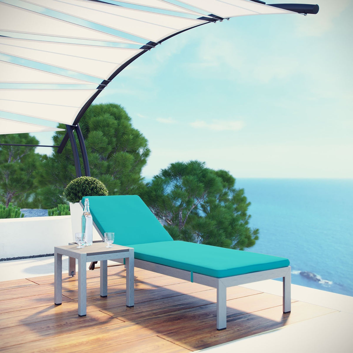 Casafoyer Shore Outdoor Patio Aluminum Chaise Lounge Chair With Cushions, Silver Turquoise