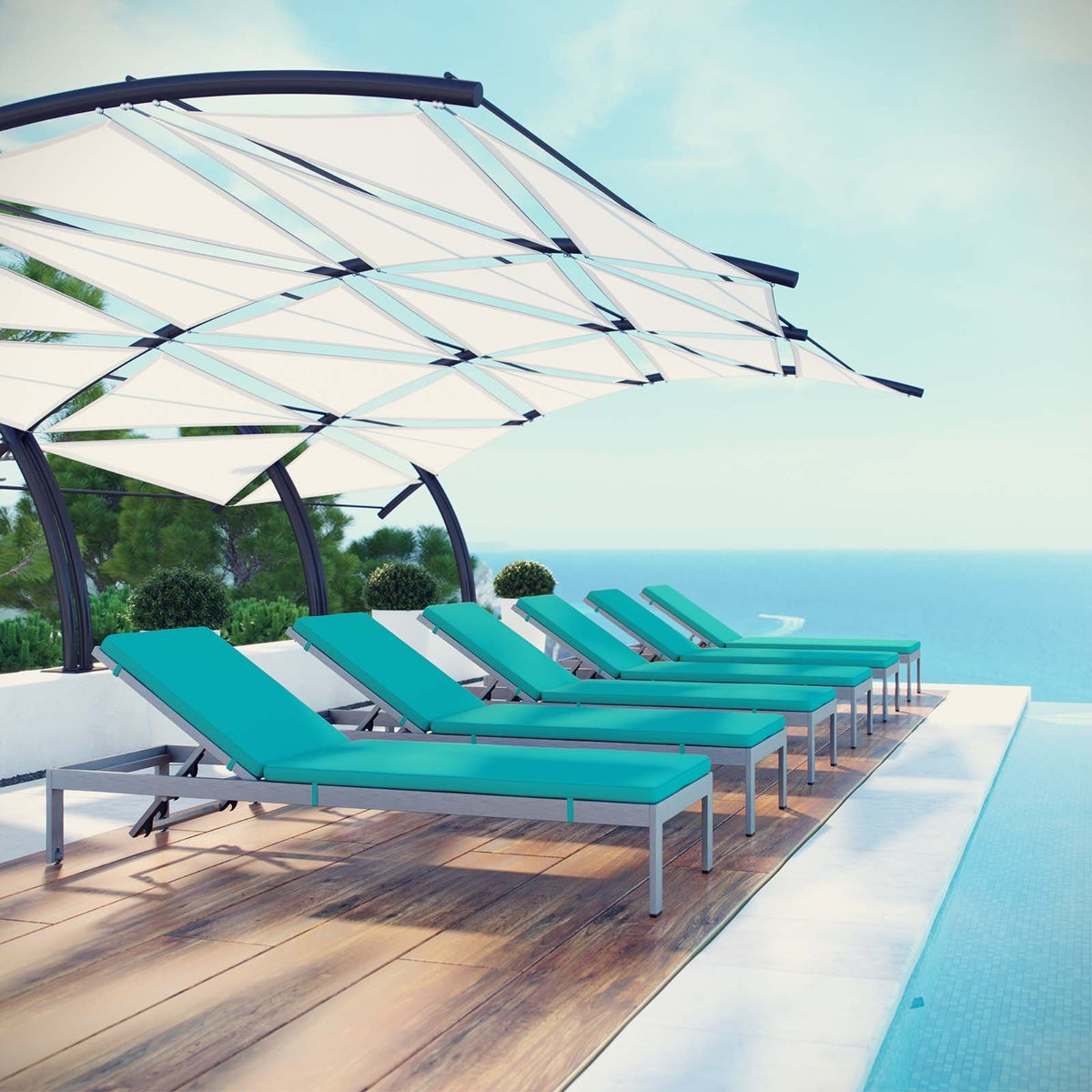 Casafoyer Shore 6 Piece Outdoor Patio Aluminum Chaise With Cushions In Silver Turquoise