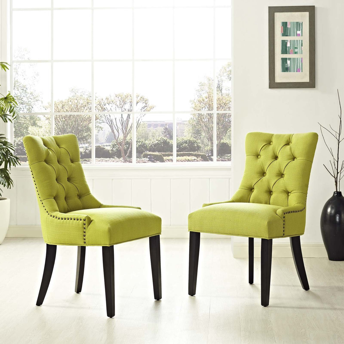 Casafoyer Regent Modern Elegant Button-Tufted Upholstered Fabric With Nailhead Trim, Set Of 2, Wheatgrass